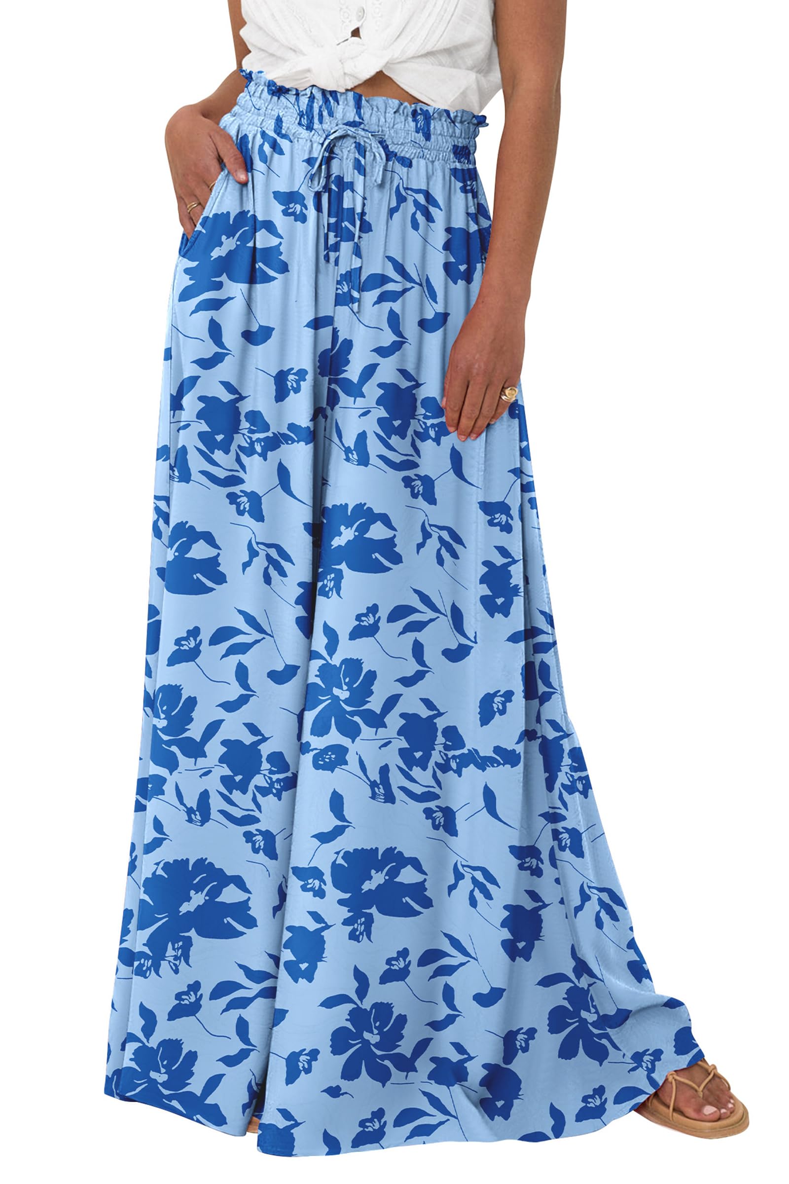 Summer Wide Leg Palazzo Pants for Women Casual,Print Blue,S