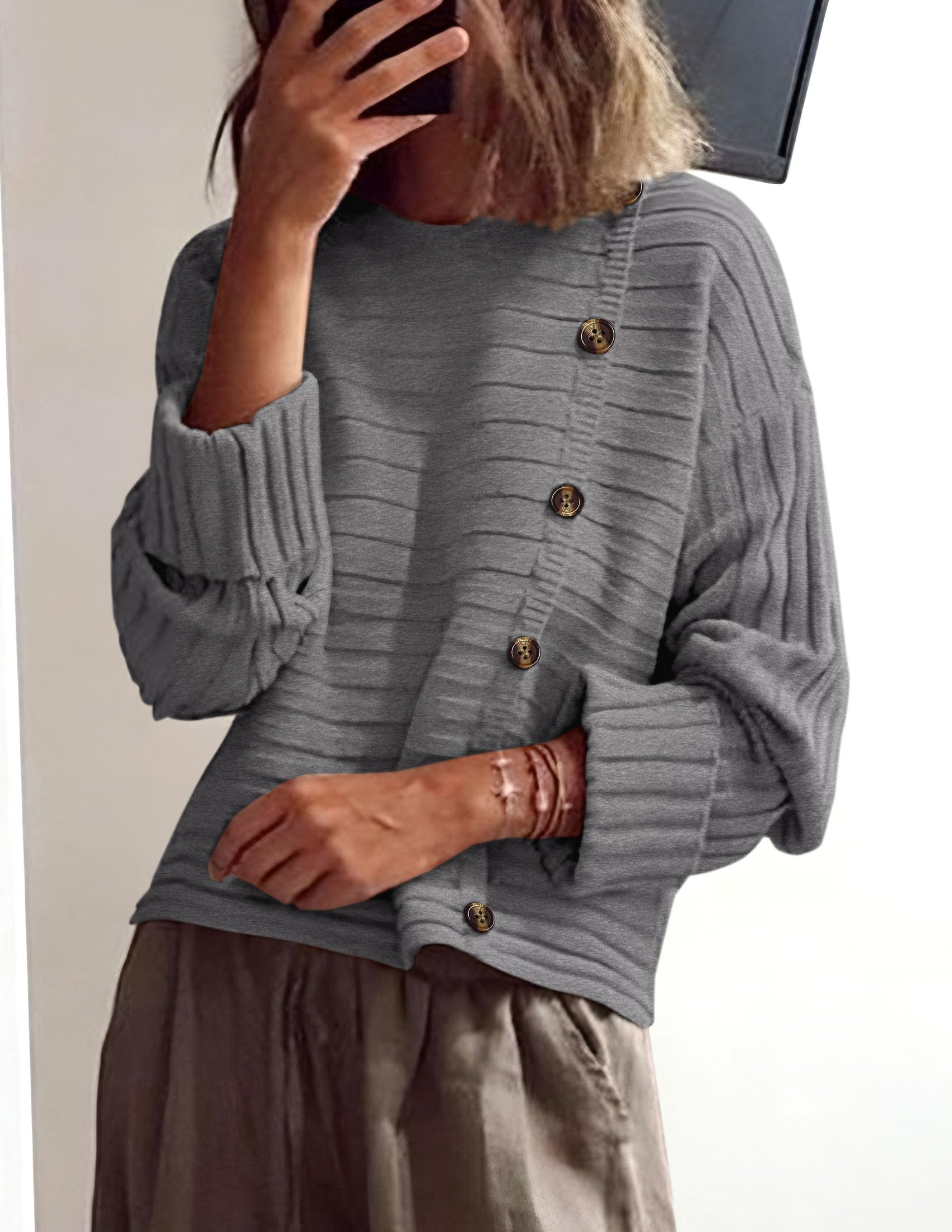 Womens Asymmetric Button Long Sleeve Sweater,Grey,S