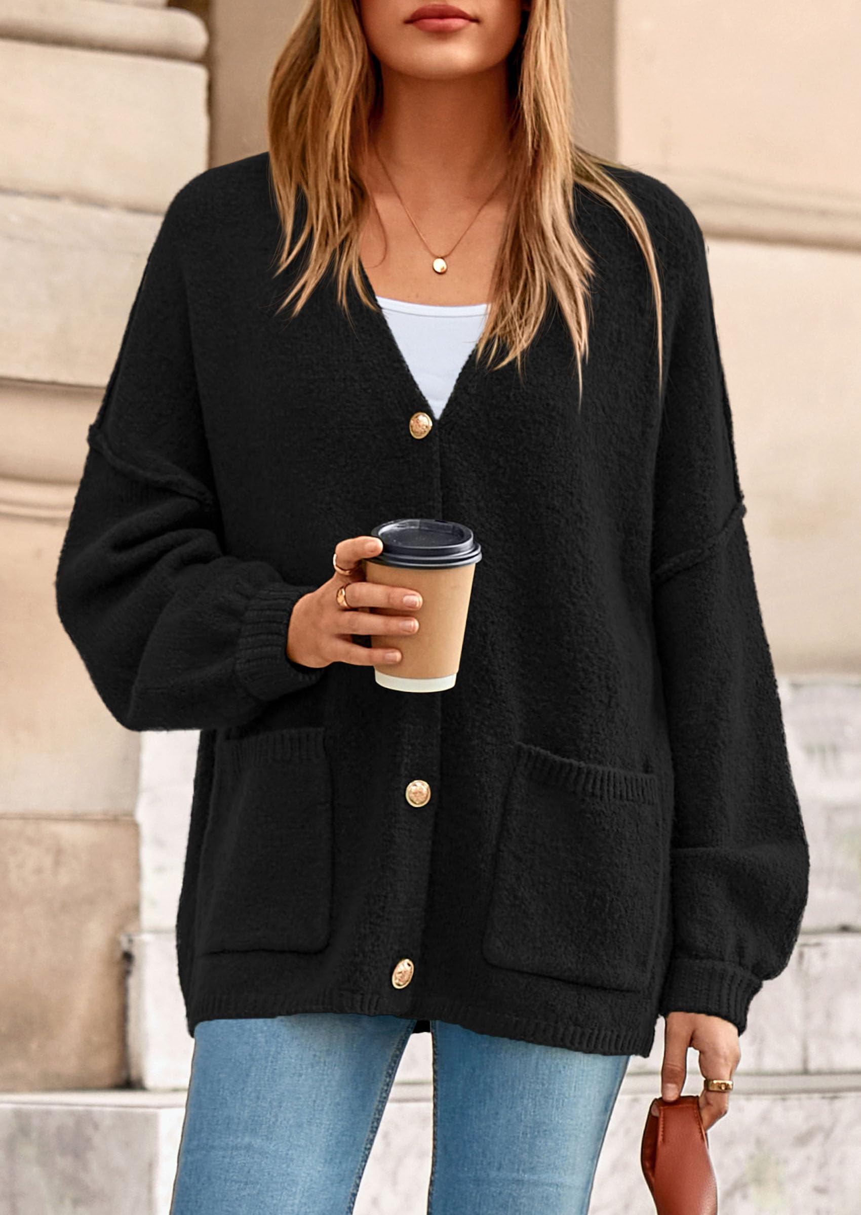 Oversized Chunky Cardigan Sweaters for Women Black,S