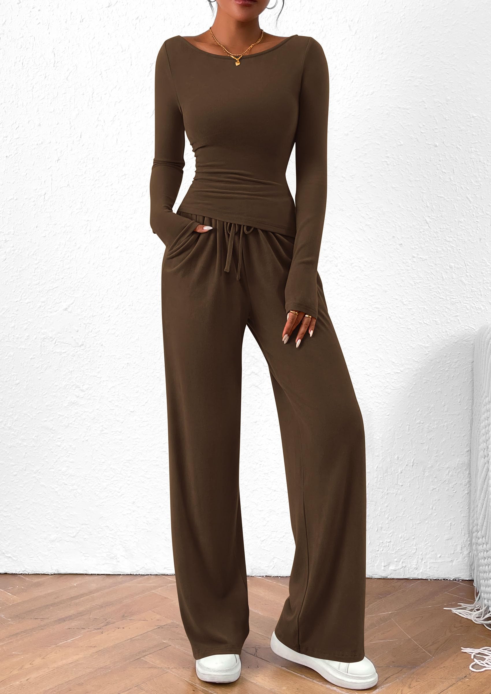 Women's 2 Piece Lounge Sets Airport Outfits(Brown,XS)