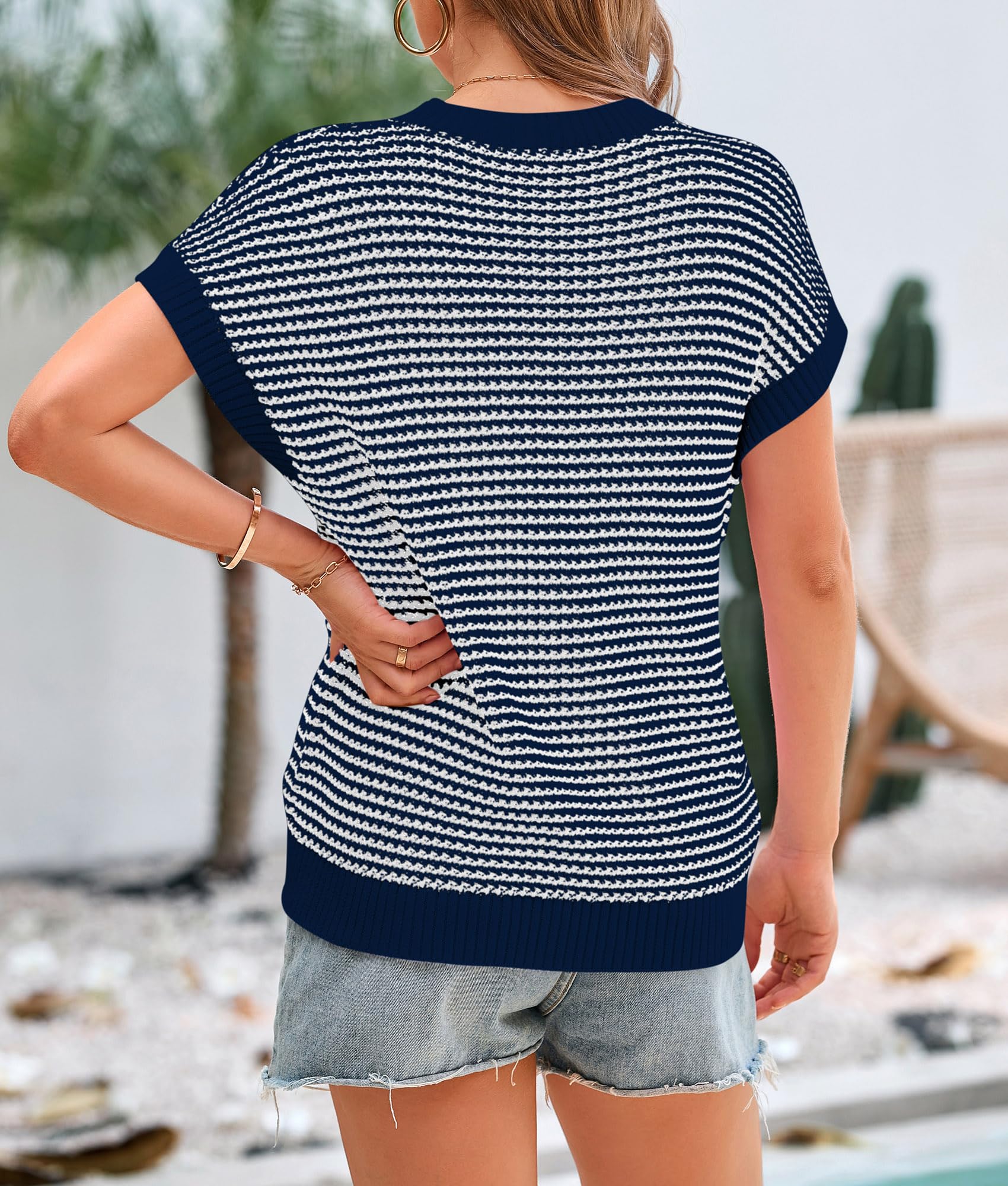 Women's Striped Short Sleeve Sweater Vest Navy,S