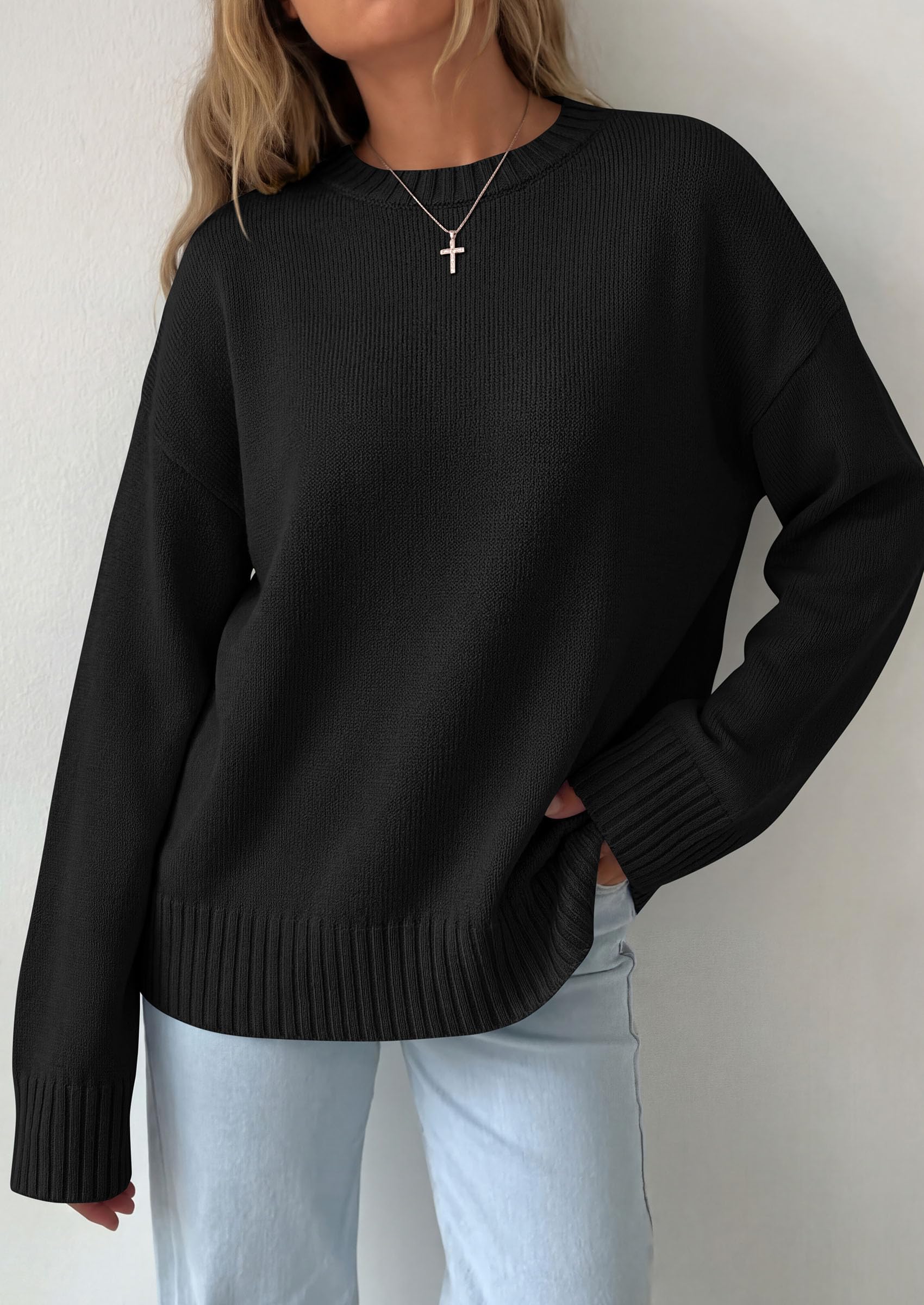 Oversized Sweater Women's Crewneck Long Sleeve Tops Black
