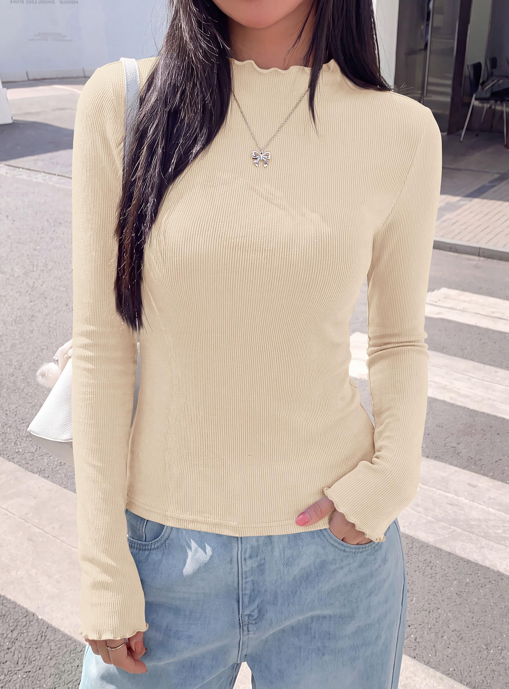 Women's Long Sleeve T Shirts Lettuce Trim Mock Neck Tops Beige