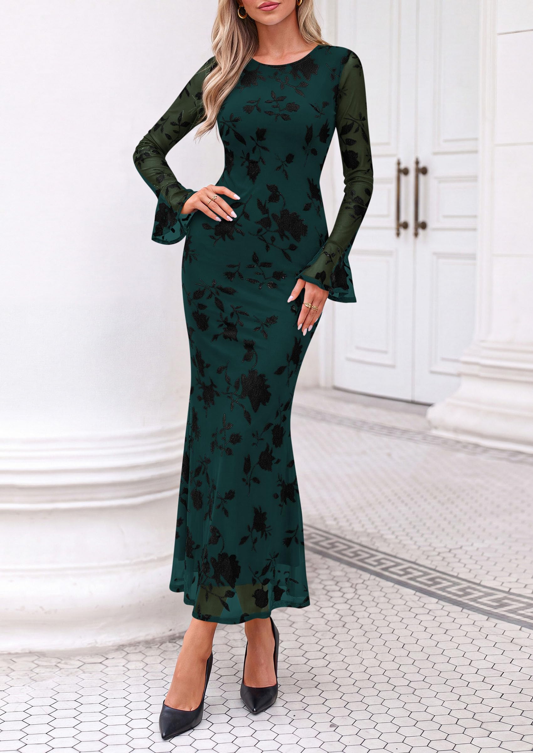 Women's Long Sleeve Maxi Floral Mesh Fall Wedding Guest Dress