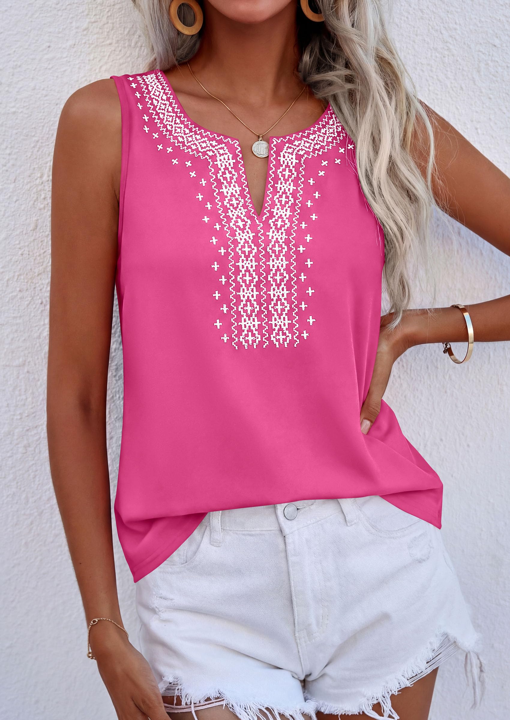 Womens Embroidered Sleeveless Tank Tops Rose Pink,S
