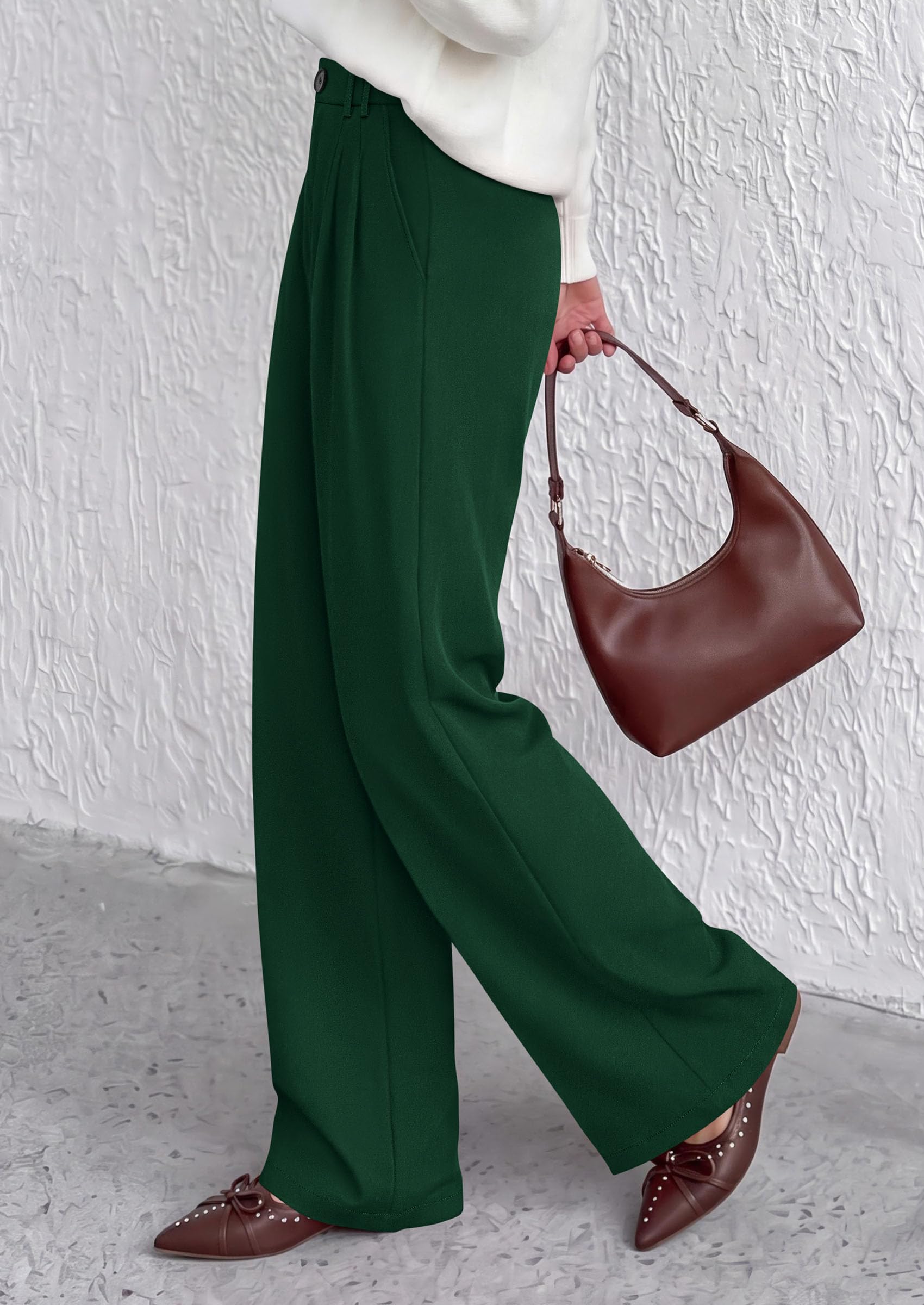 Women's Dress Pants Wide Leg Flowy Trousers,Dark Green,S