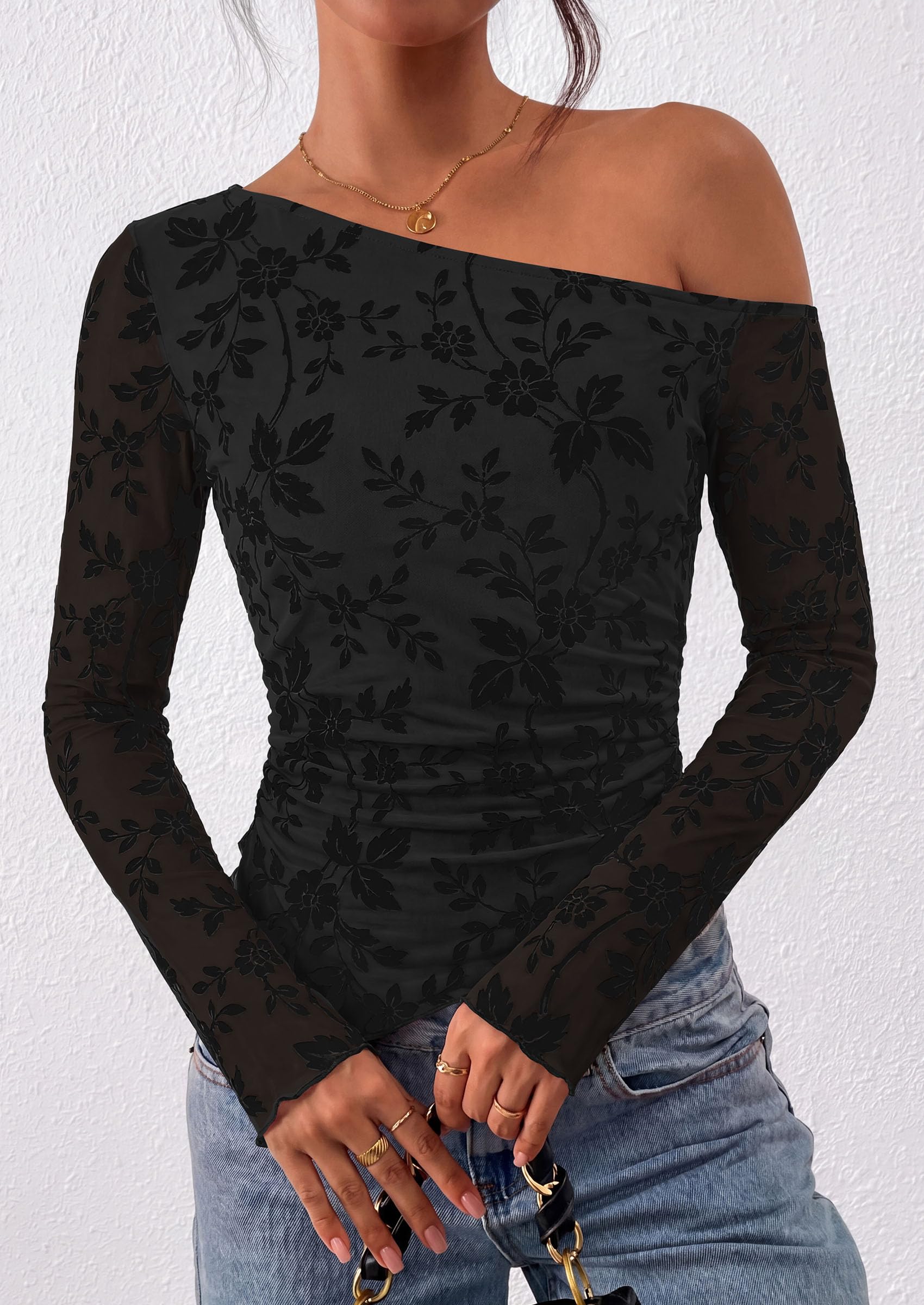 Womens Off Shoulder Mesh Y2k Tops,Black,XS