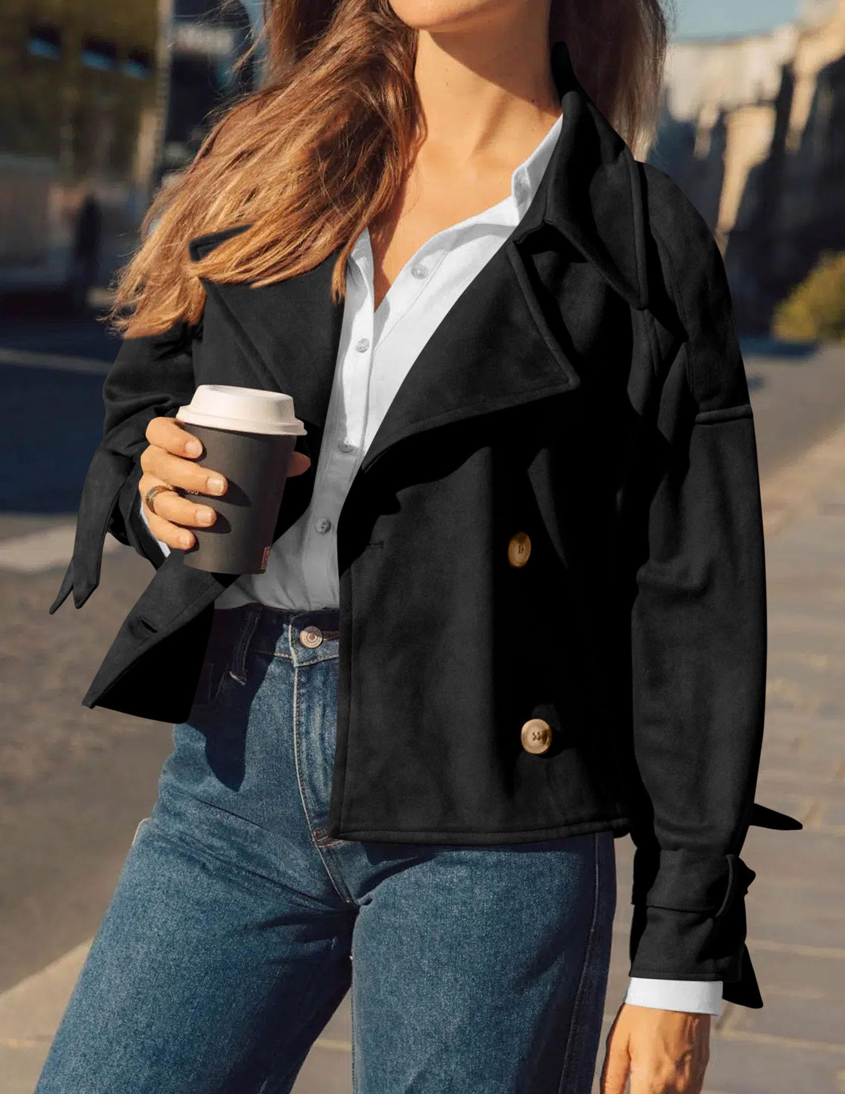 Women Faux Suede Double Breasted Trench Coat Cropped Jackets