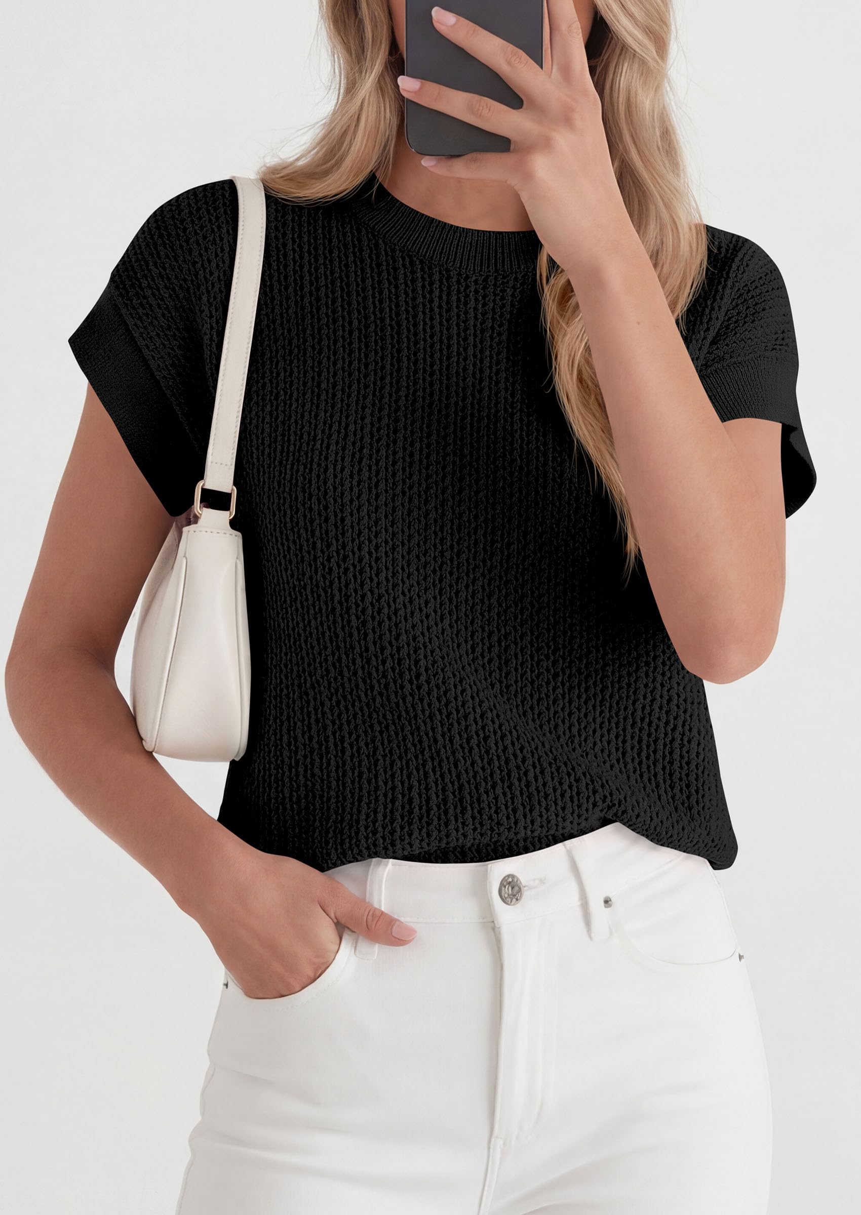 Women's Summer Sweater Vest Crochet Tops (Black,S)