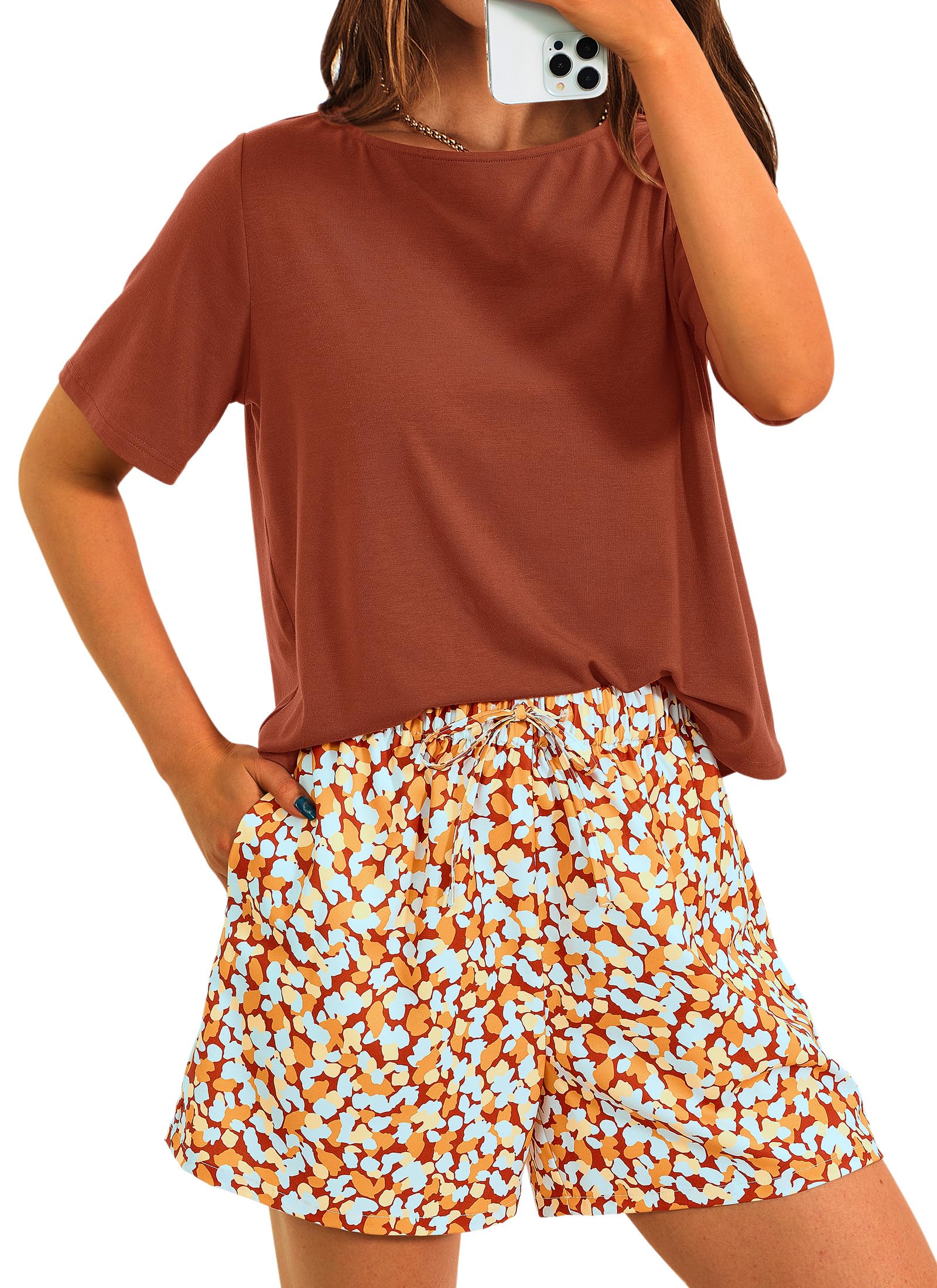 Women's Summer 2 Piece Outfits Short Sets Brown,Small
