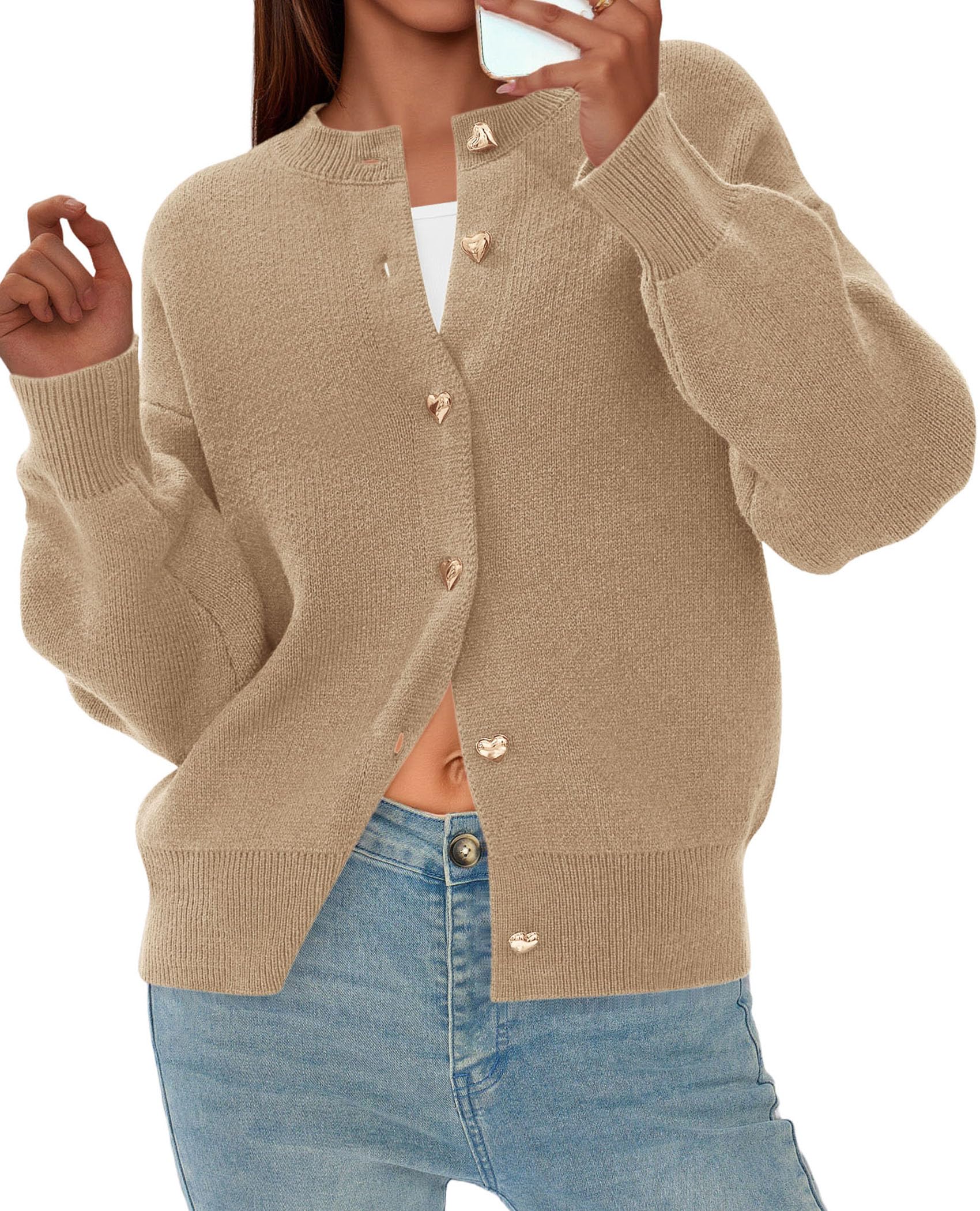 Women's Long Sleeve Button Up Cardigan,Khaki,S