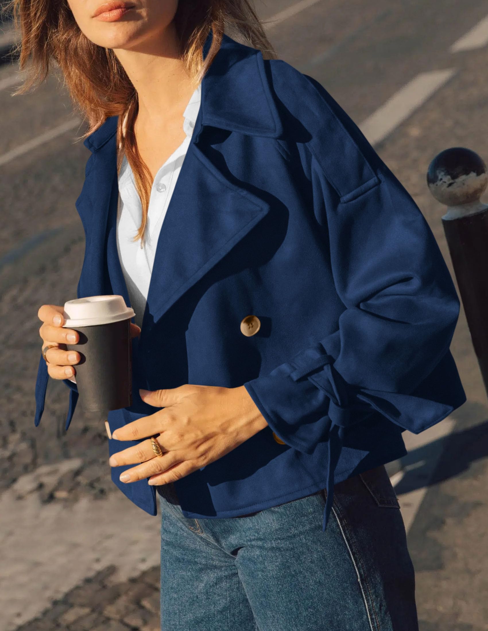 Women Faux Suede Double Breasted Trench Coat Cropped Jackets