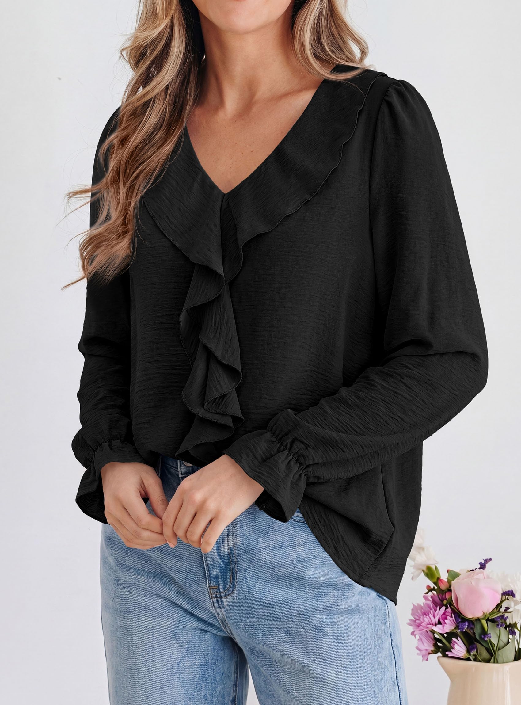 Women Early Fall Fashion Dressy Casual Blouses Black,S