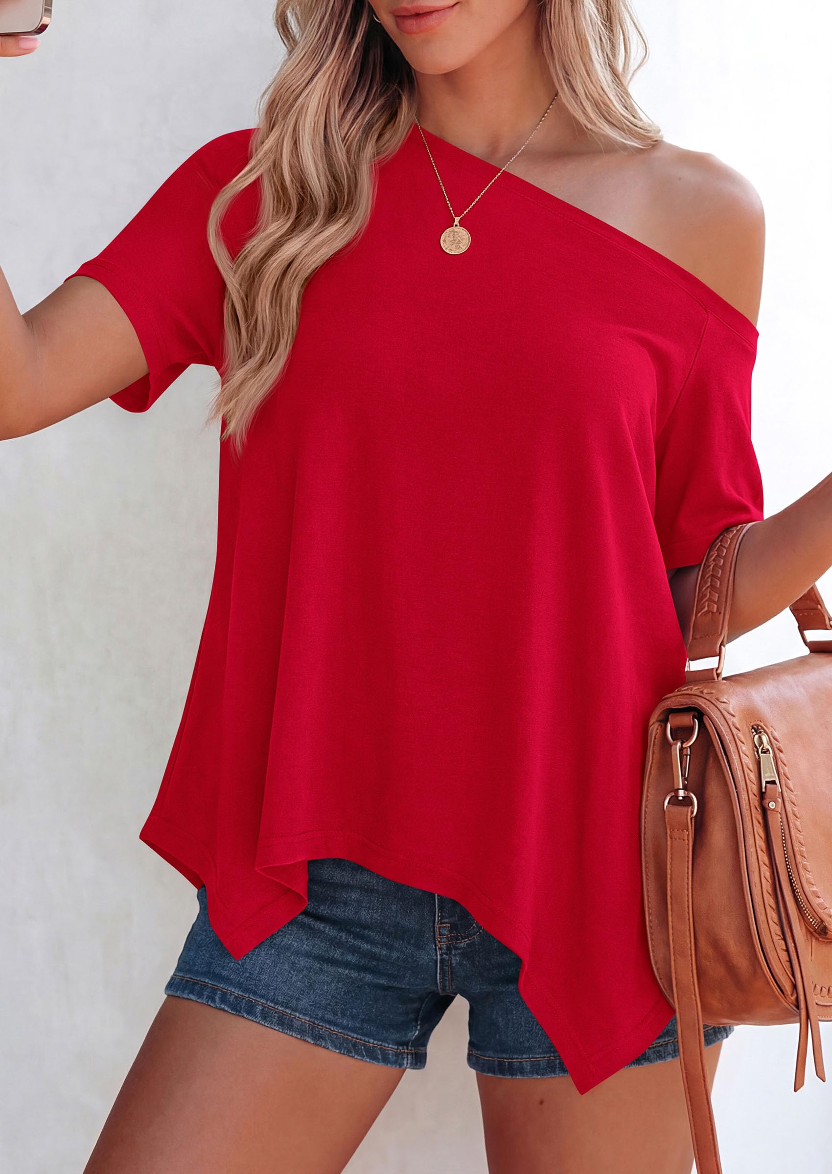 Off Shoulder Tops for Women Oversized Tshirts, Red,S