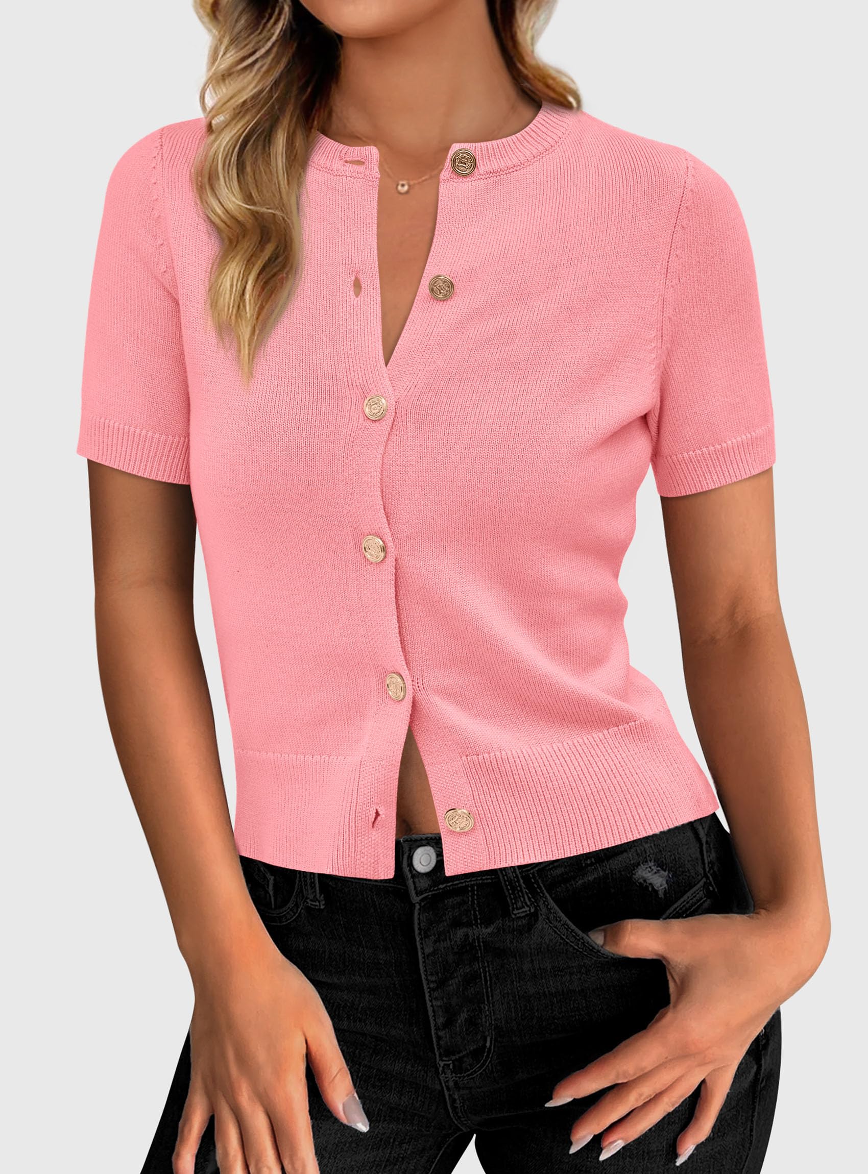 Womens Summer Cardigan Short Sleeve Sweater,Pink,S
