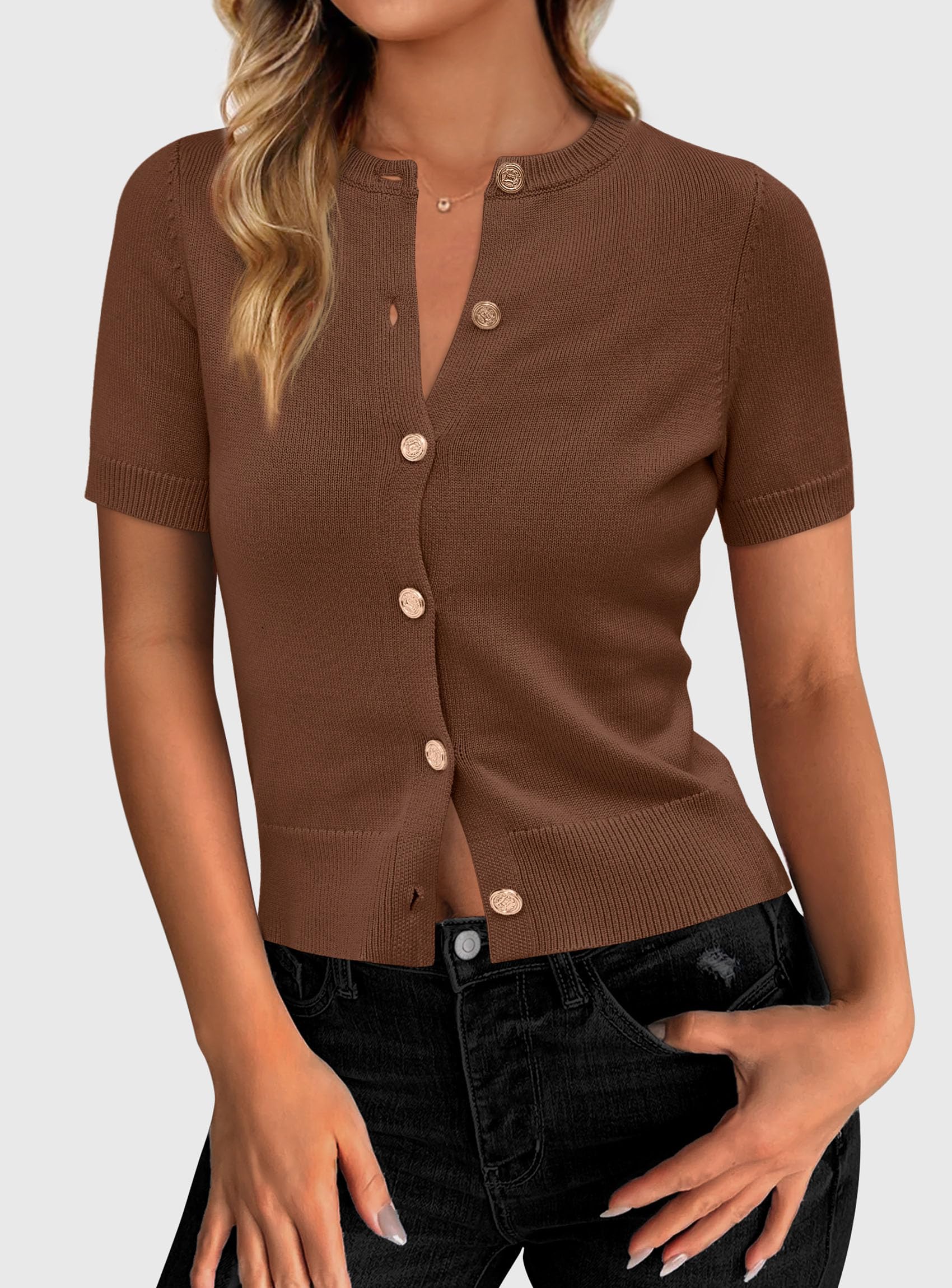 Womens Summer Cardigan Short Sleeve Sweater,Brown,S