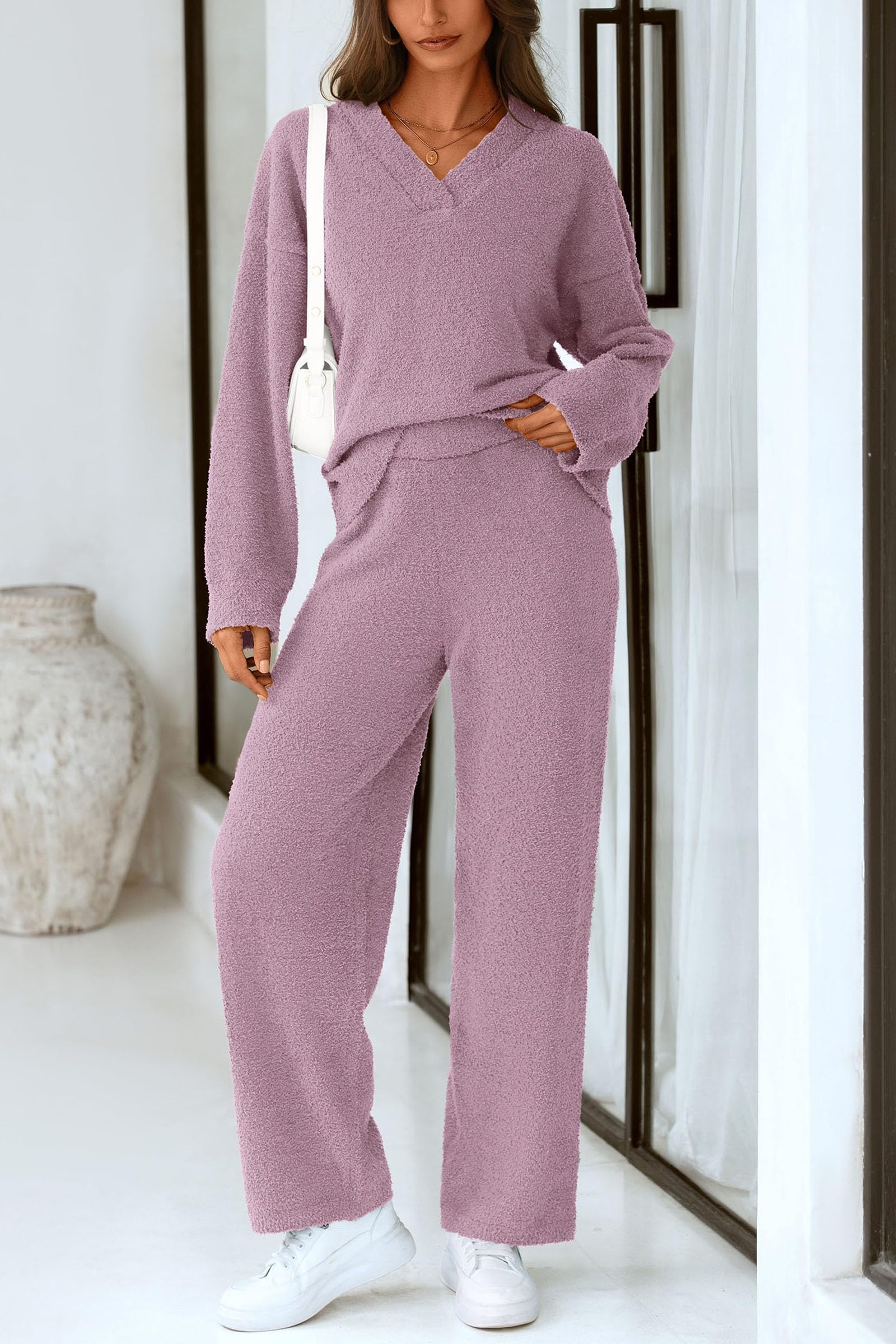 Lounge Sets for Women Fall 2 Piece Fuzzy Sweater Pajama Set