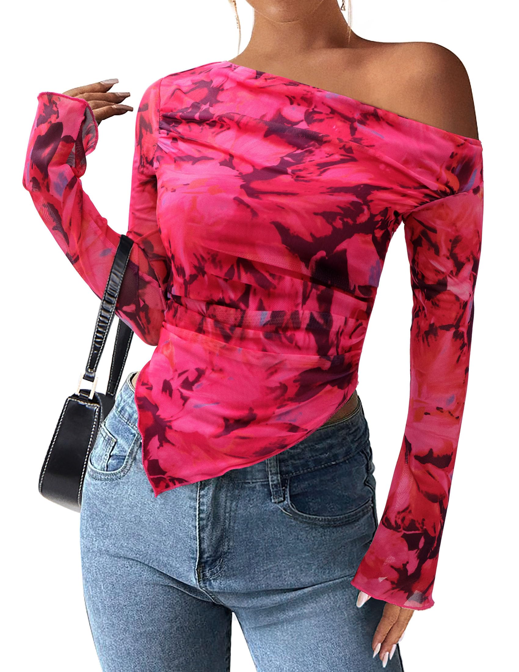 Womens Off Shoulder Mesh Y2k Tops,Floral Rose Red,XS