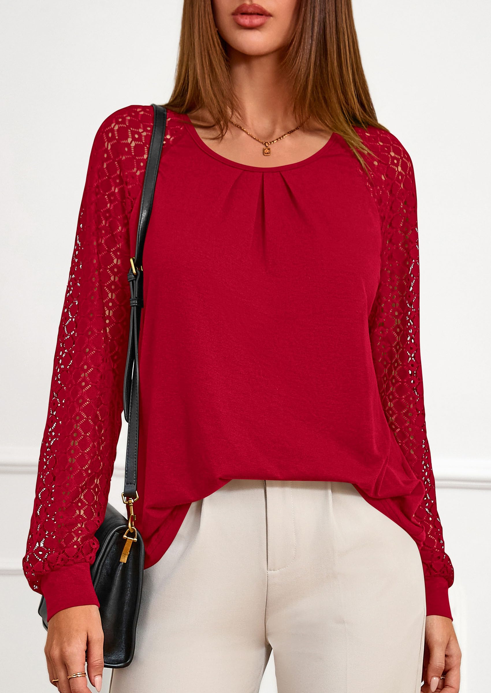 Women's Long Sleeve Shirts Fall Lace Tops,Red,S