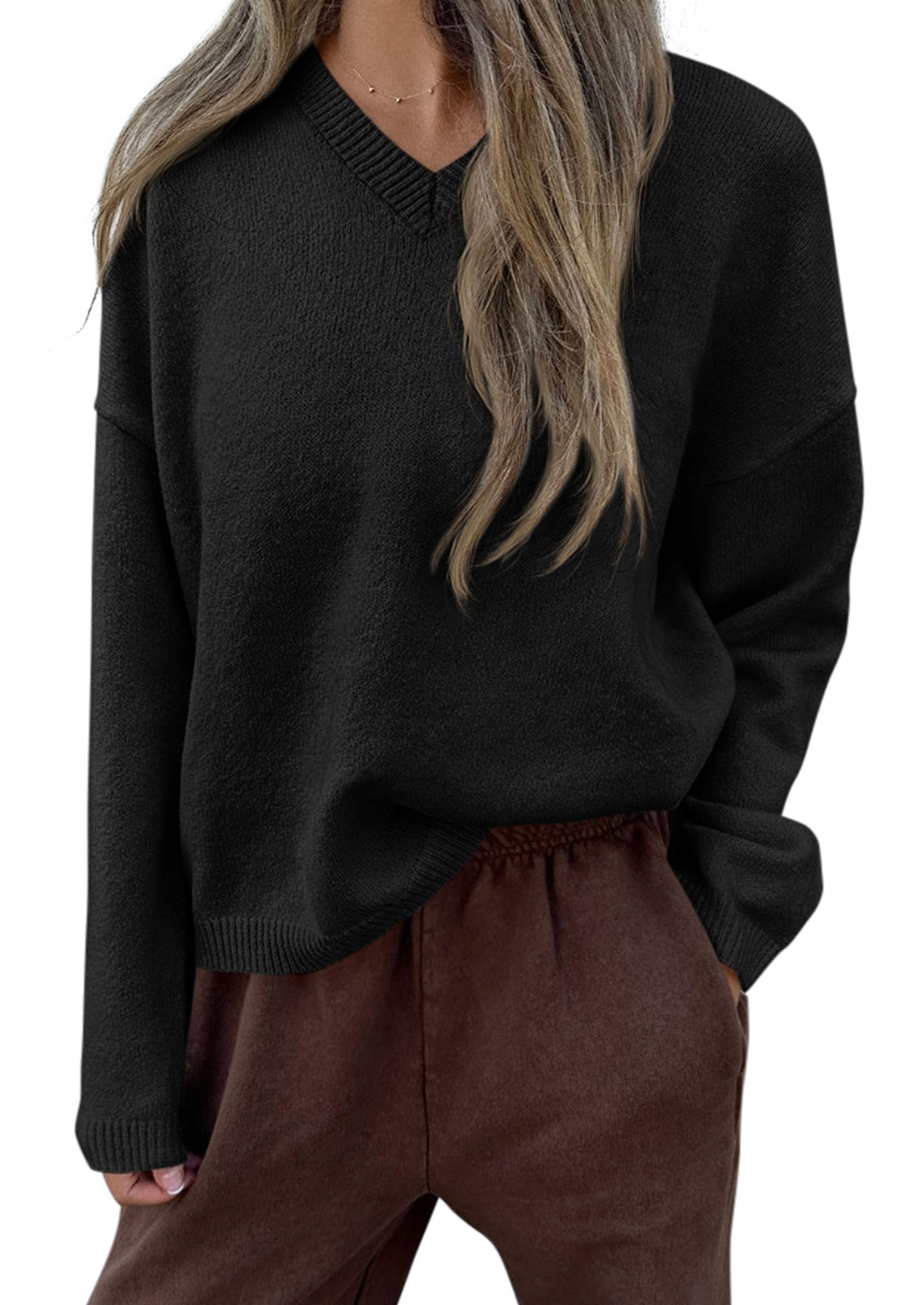 Women's Cozy Sweaters Fall Fashion V Neck Tops Black,S