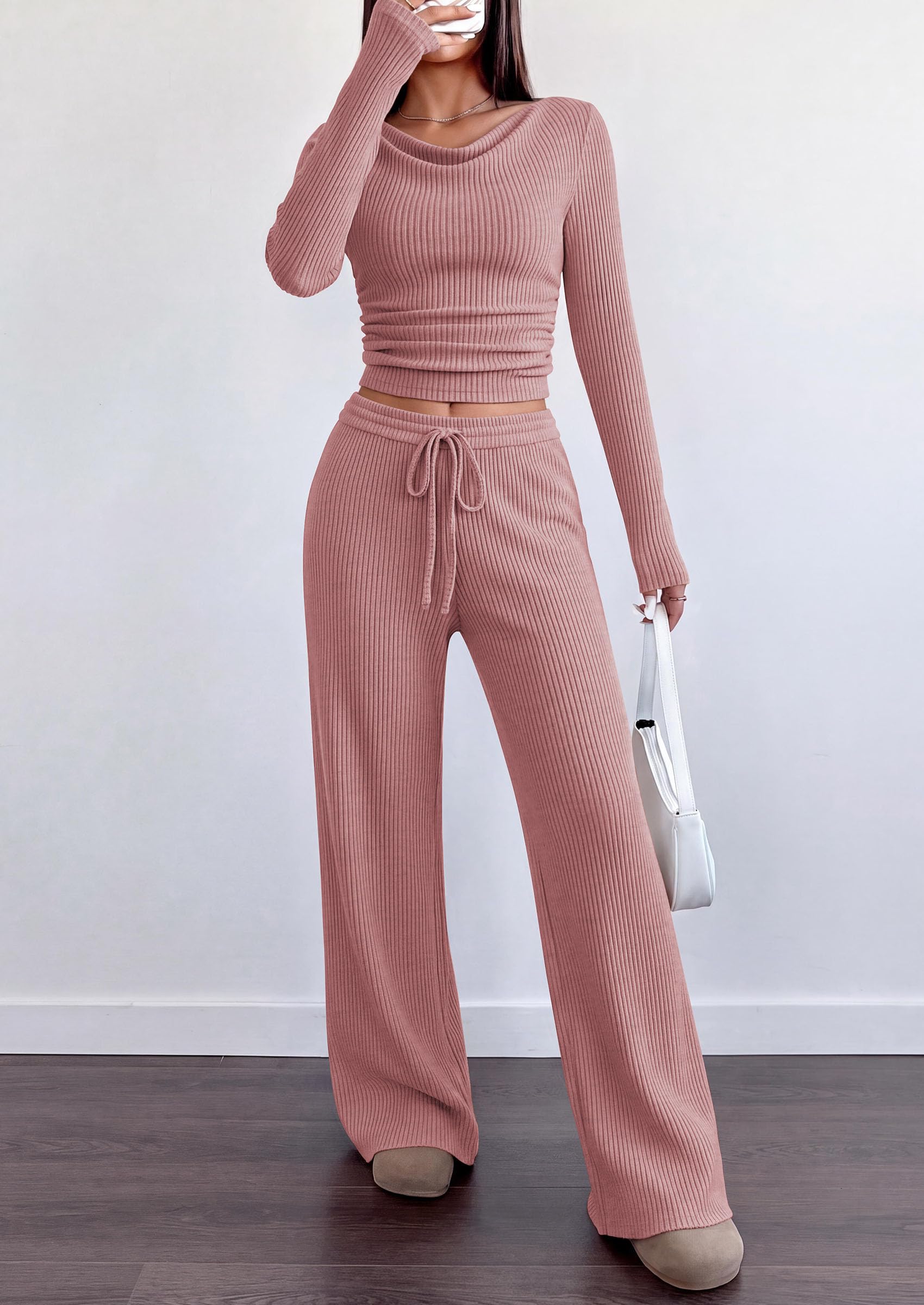 Matching Sets Women Clothing Fall Ribbed 2 Piece Lounge Set