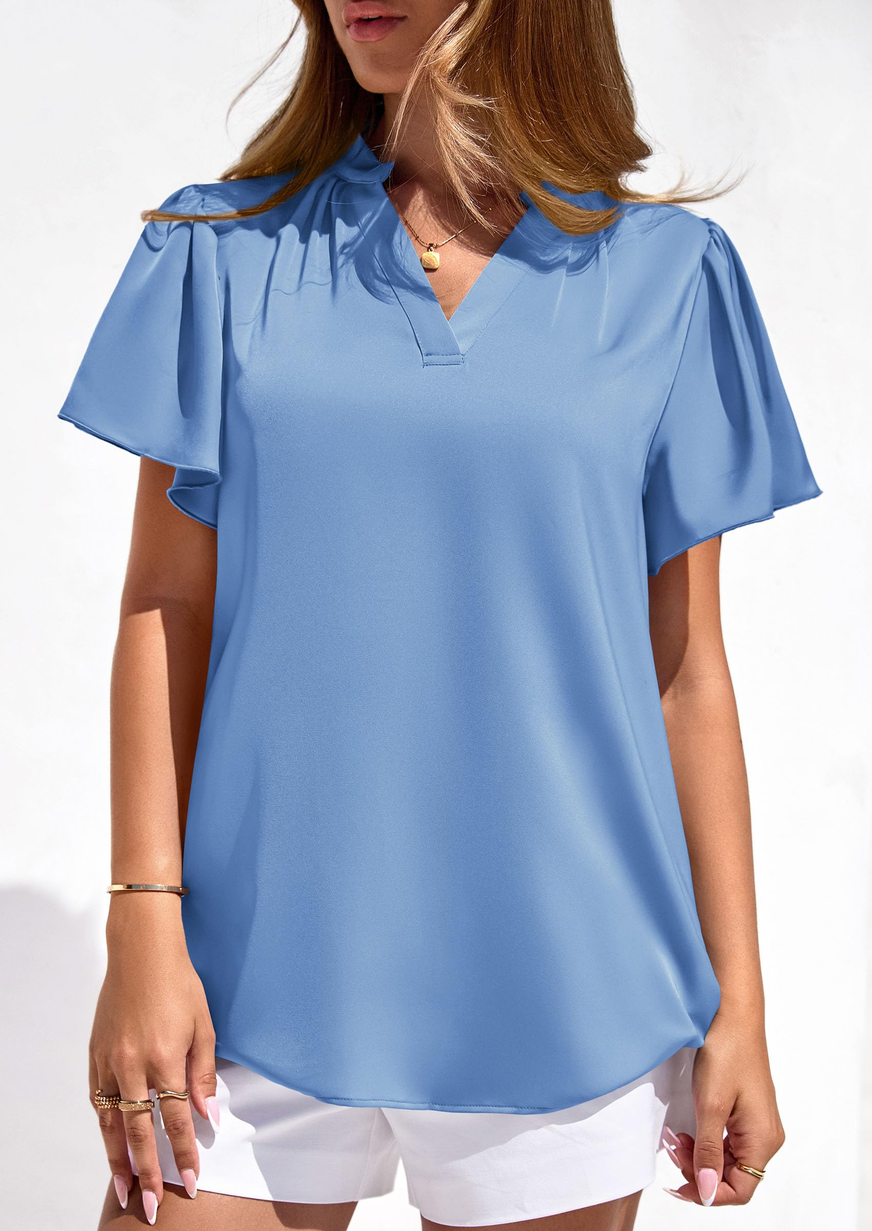 Women's Summer Satin Dressy Casual Blouses (Light Blue,S)