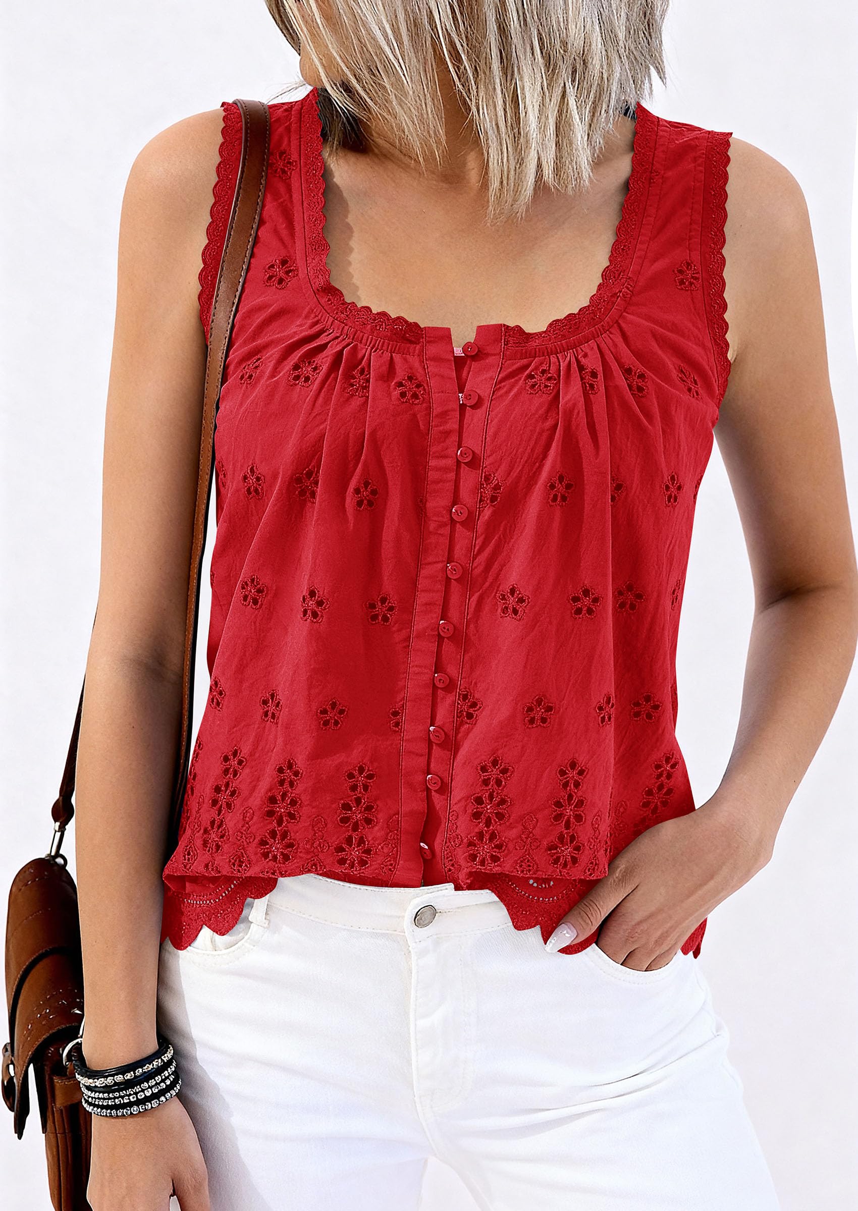 Women's Lace Tank Top Embroidery Eyelet Blouses,Red,S