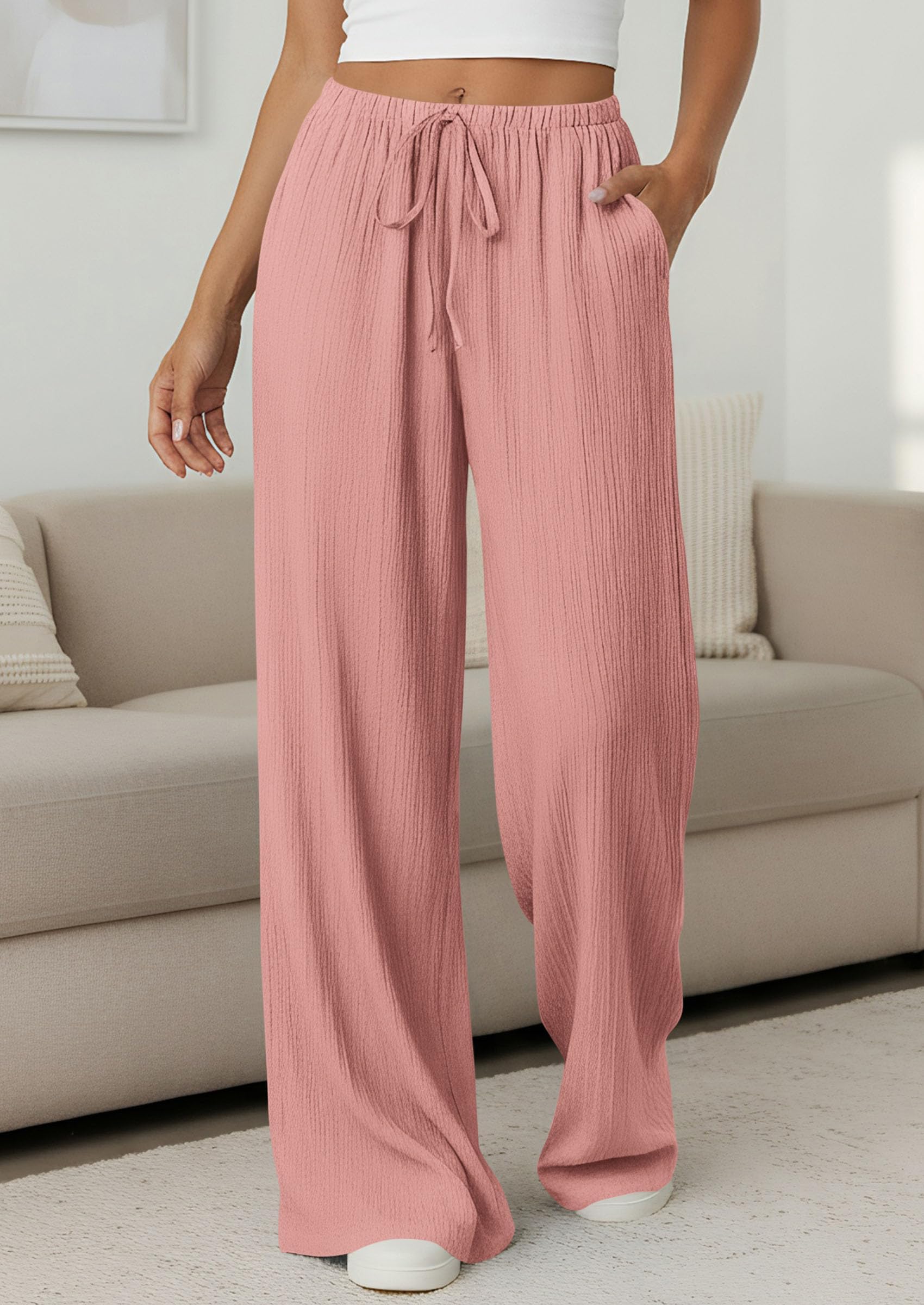 Women's Palazzo Pants Casual Wide Leg Trousers,Pink,S