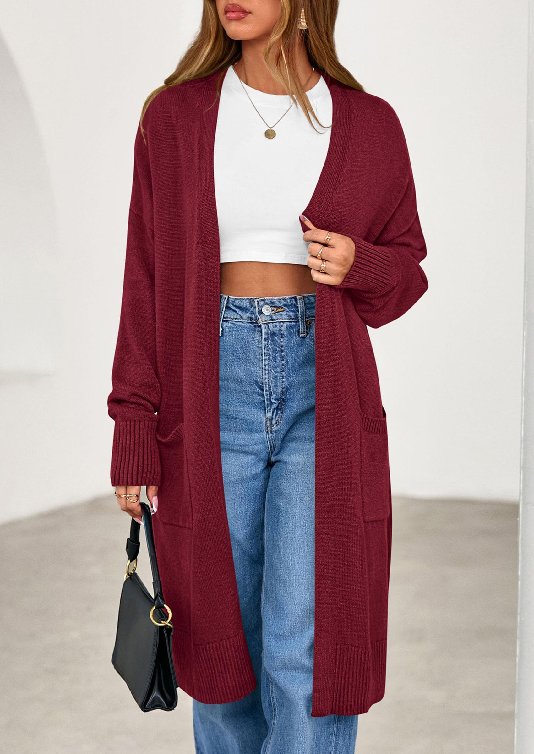 Women's Oversized Open Front Long Knit Cardigan,Burgundy,S