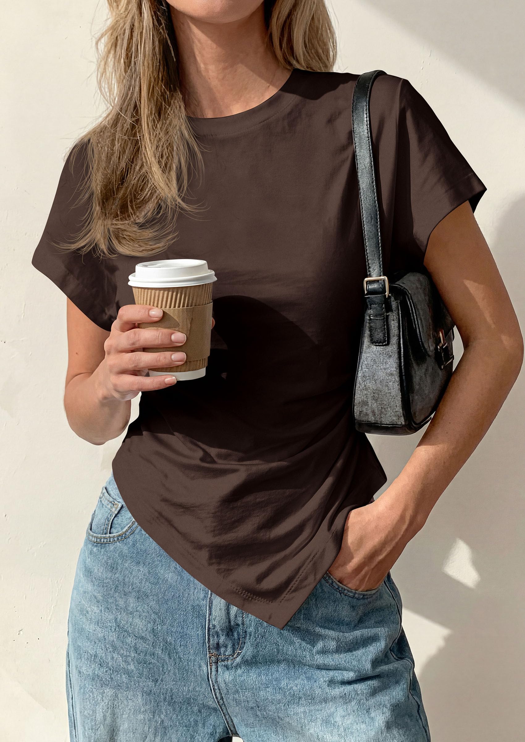 Womens Asymmetrical Summer Short Sleeve Tops,Brown,XS