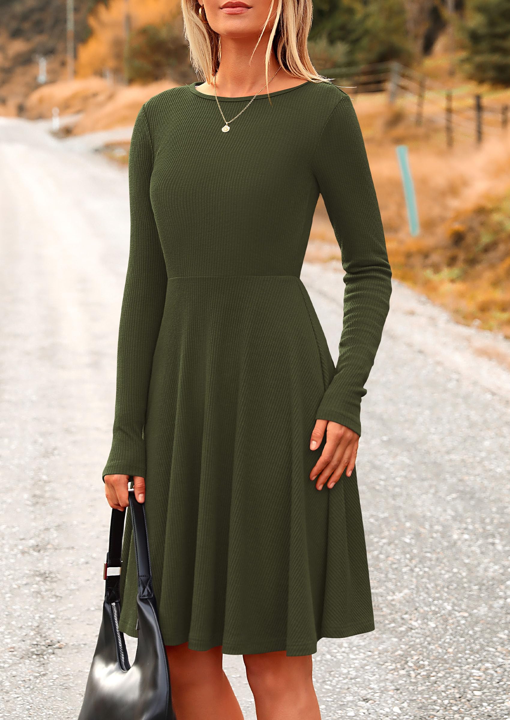 Women's Fall Casual Long Sleeve Short Dress (Army Green,S)