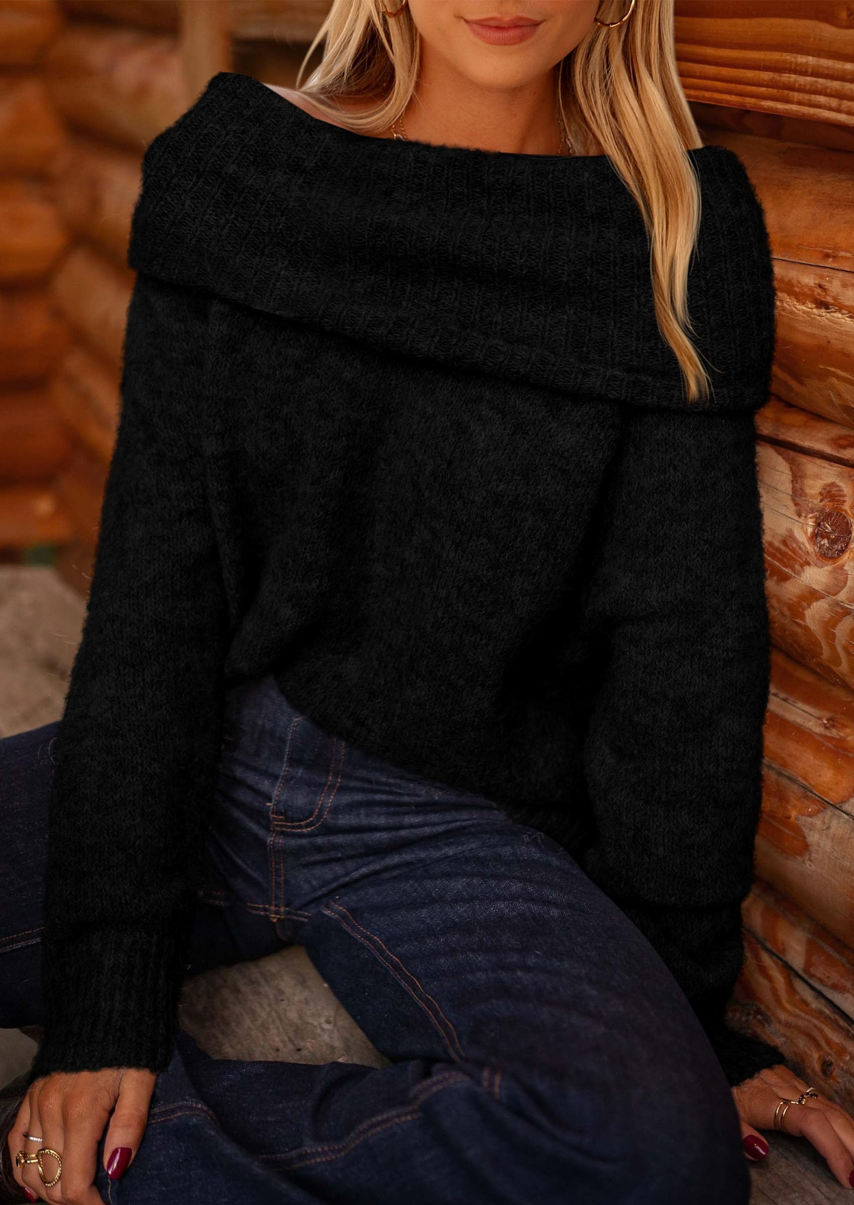 Women's Fall Off The Shoulder Sweater,Black,S