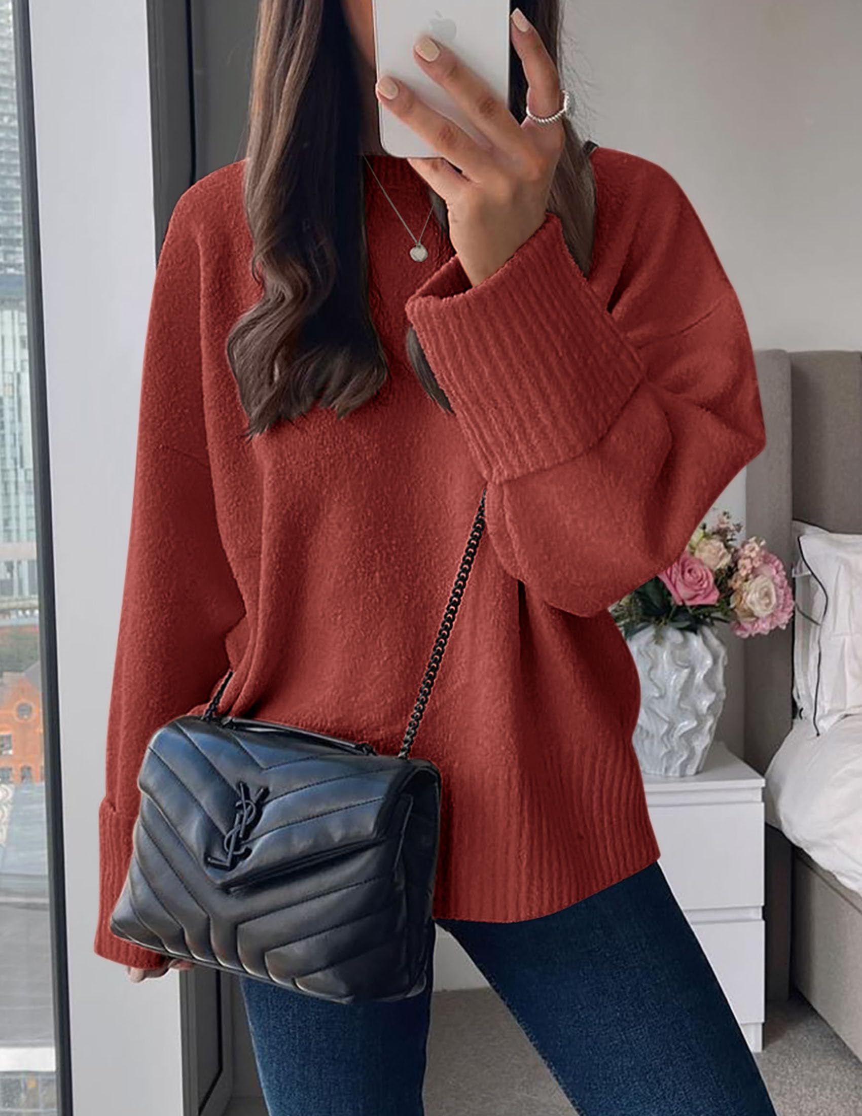 Women's Fall Fashion Cozy Oversized Sweaters(Rust Red,XS)