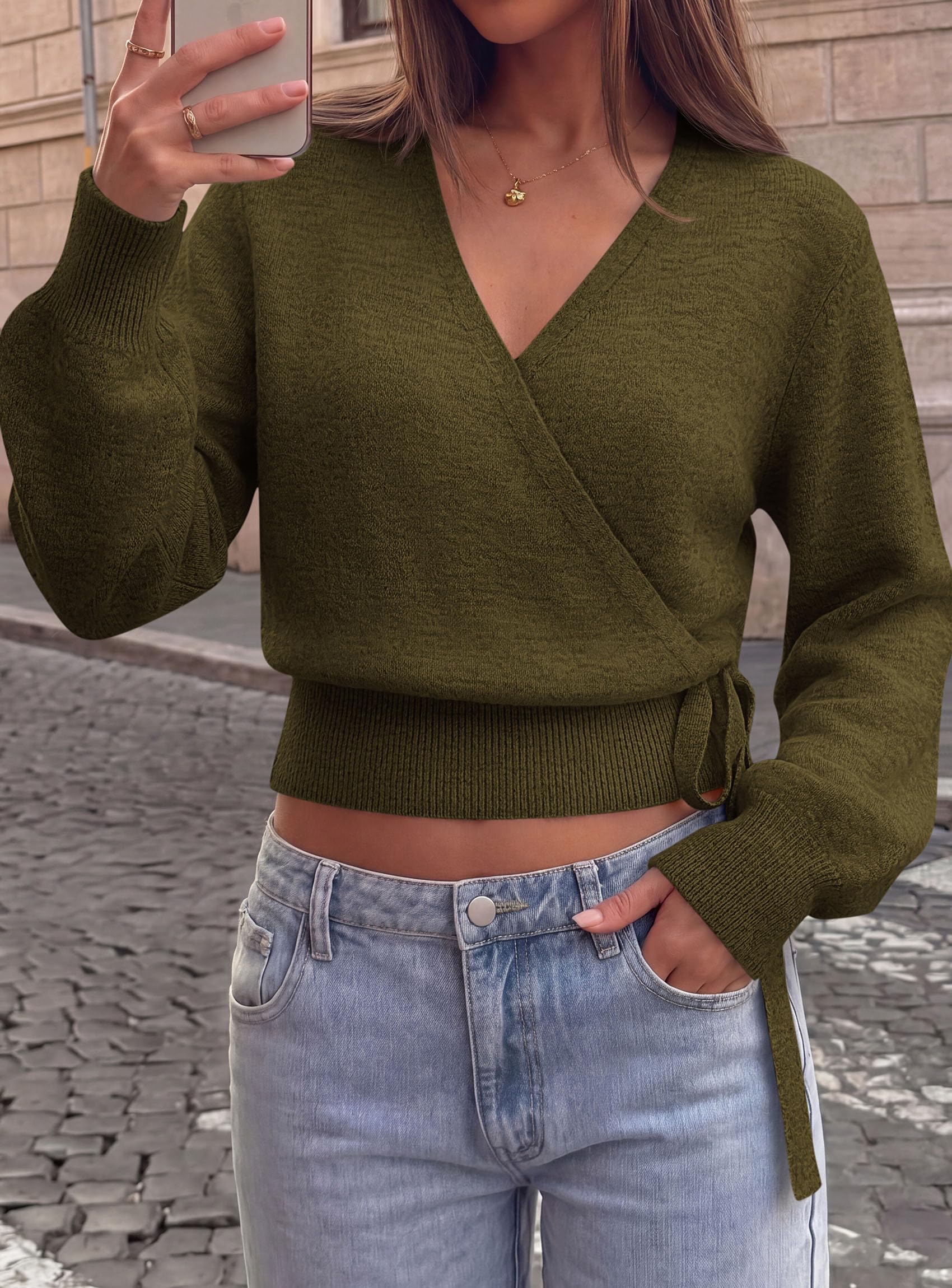 V Neck Wrap Sweaters for Women Fall Outifts Pullover