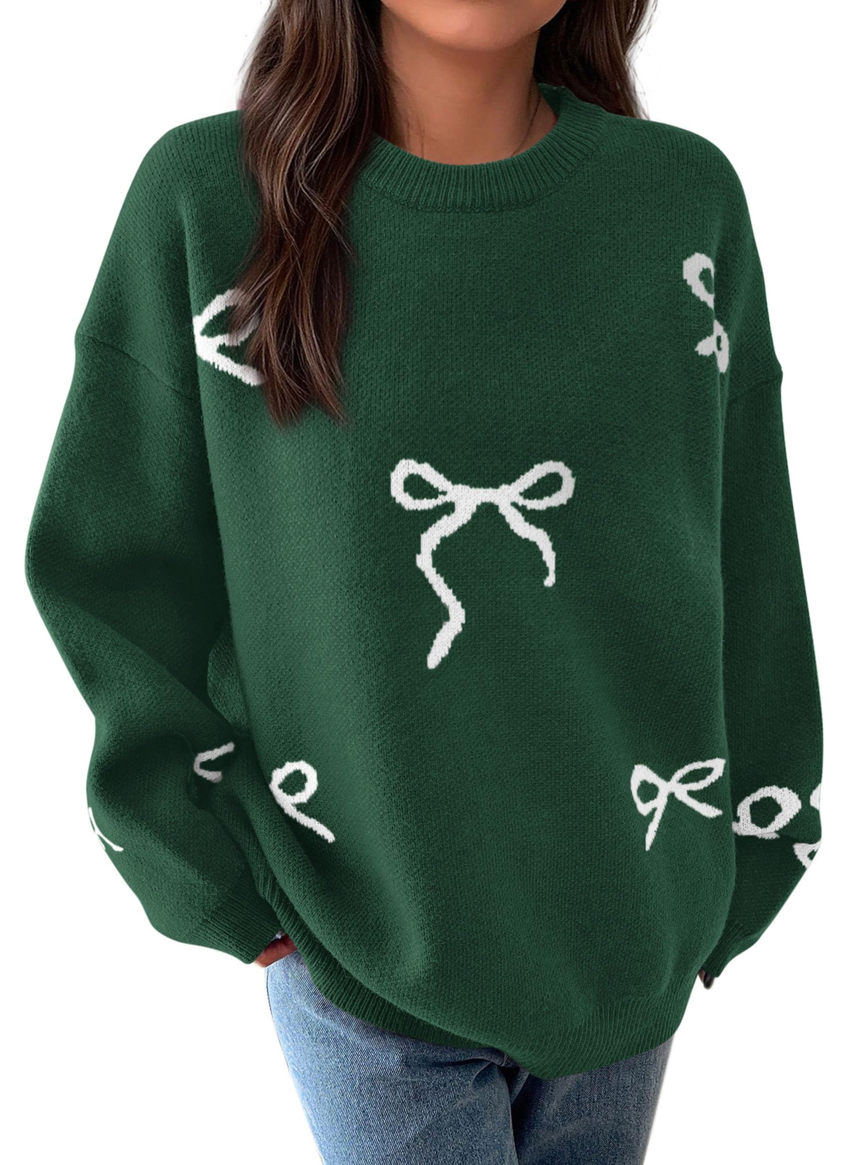Fall Long Sleeve Pullover Sweaters for Women 2026 Trendy Crewneck Casual Cute Bow Chunky Knit Oversized Sweater (Dark Green,Small)