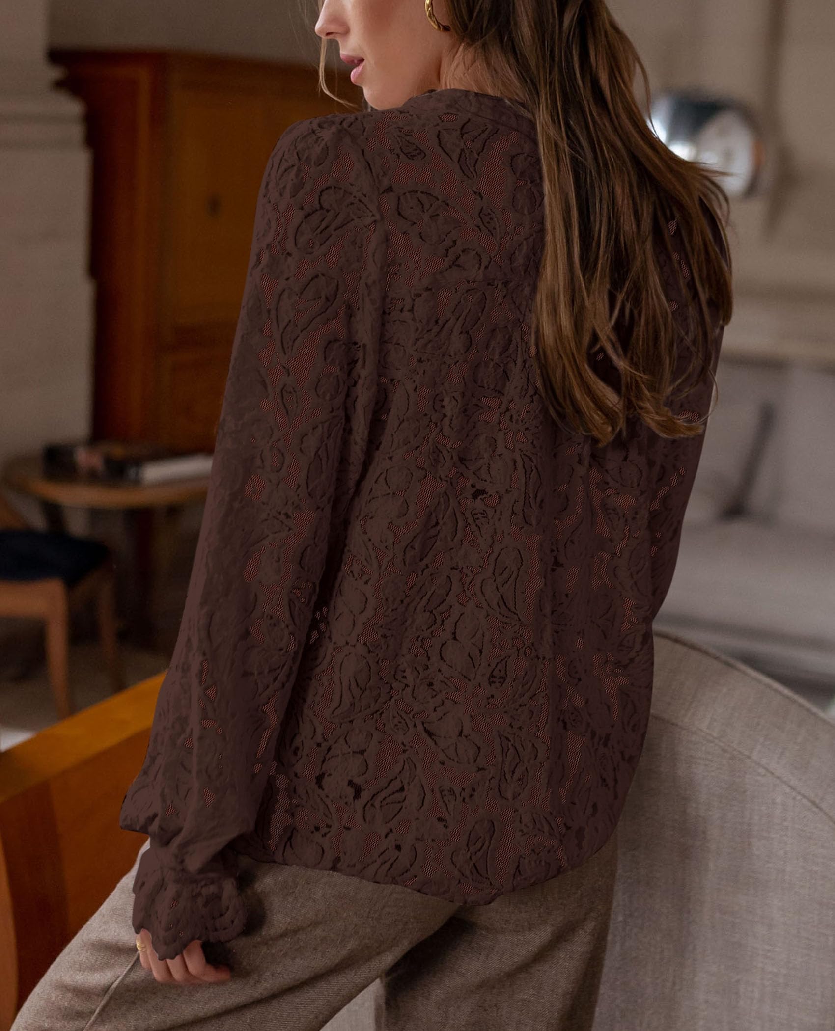 Women's Fall Trendy Long Sleeve Lace Tops(Coffee,Small)