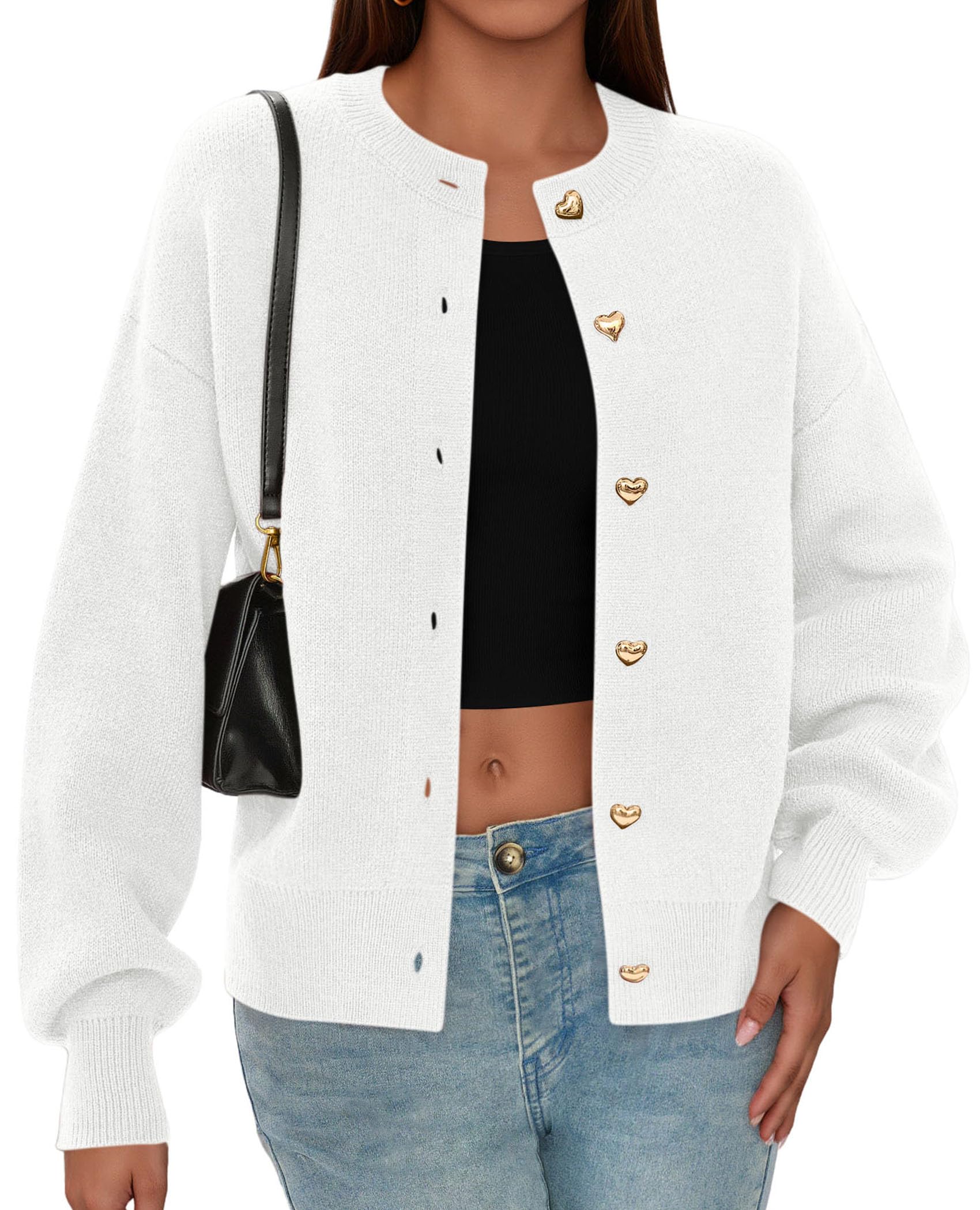 Women's Long Sleeve Button Up Cardigan,White,M