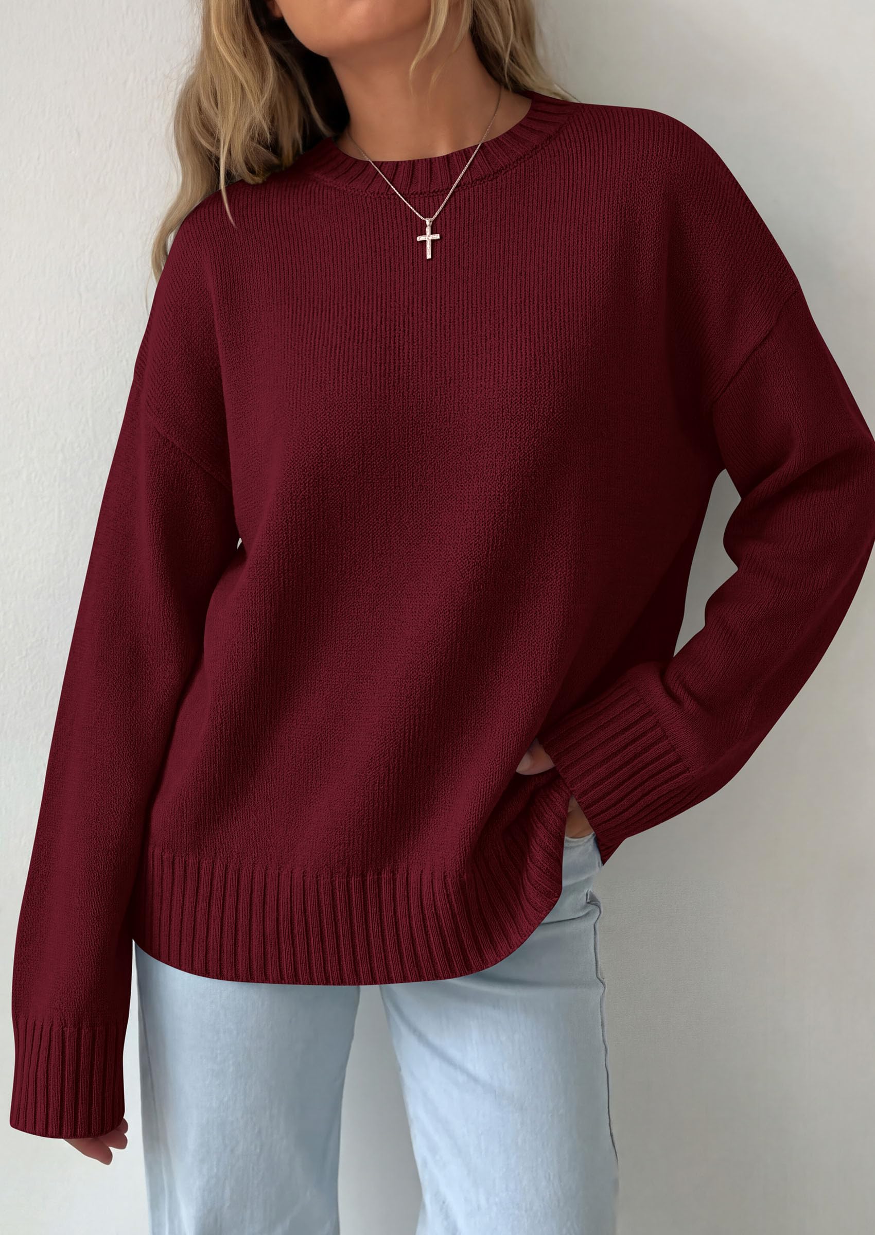 Oversized Sweater Women's Crewneck Long Sleeve Tops Wine Red