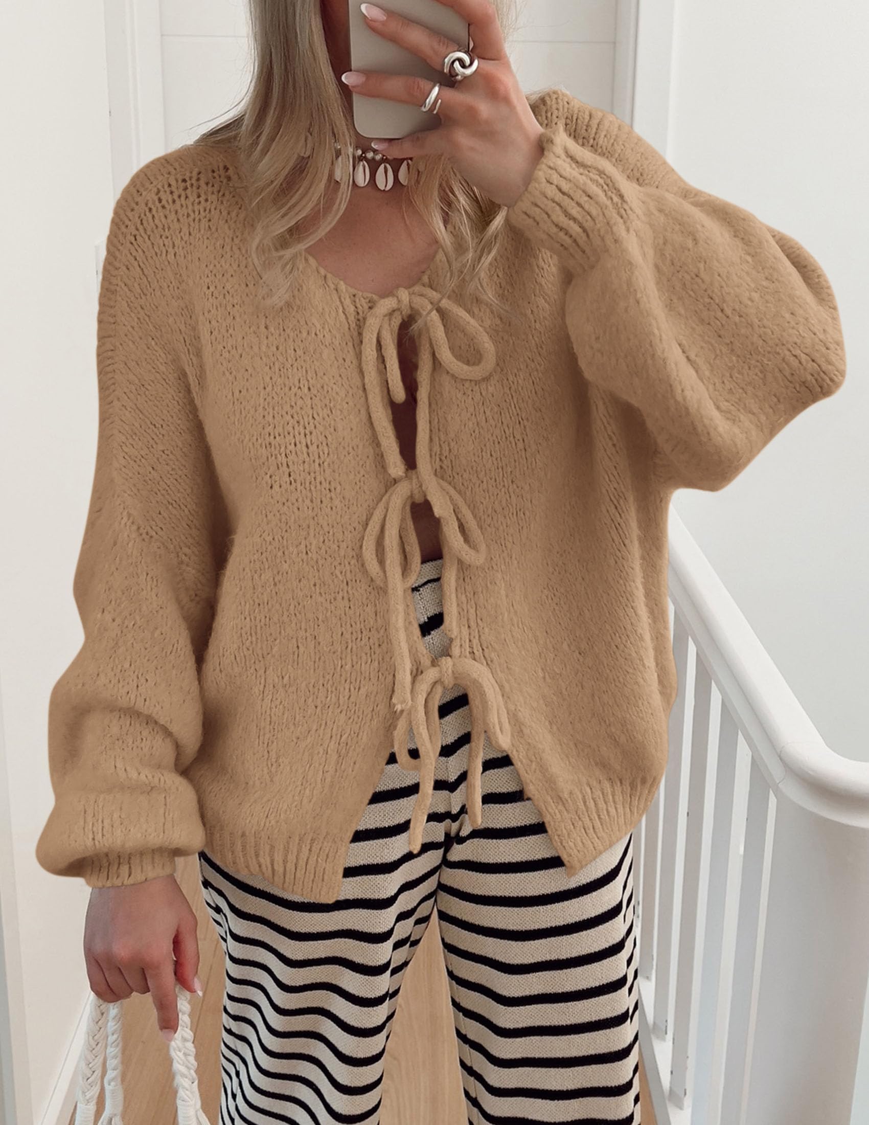 Women's Tie Front Bow Cardigan Sweaters(Camel,Small)