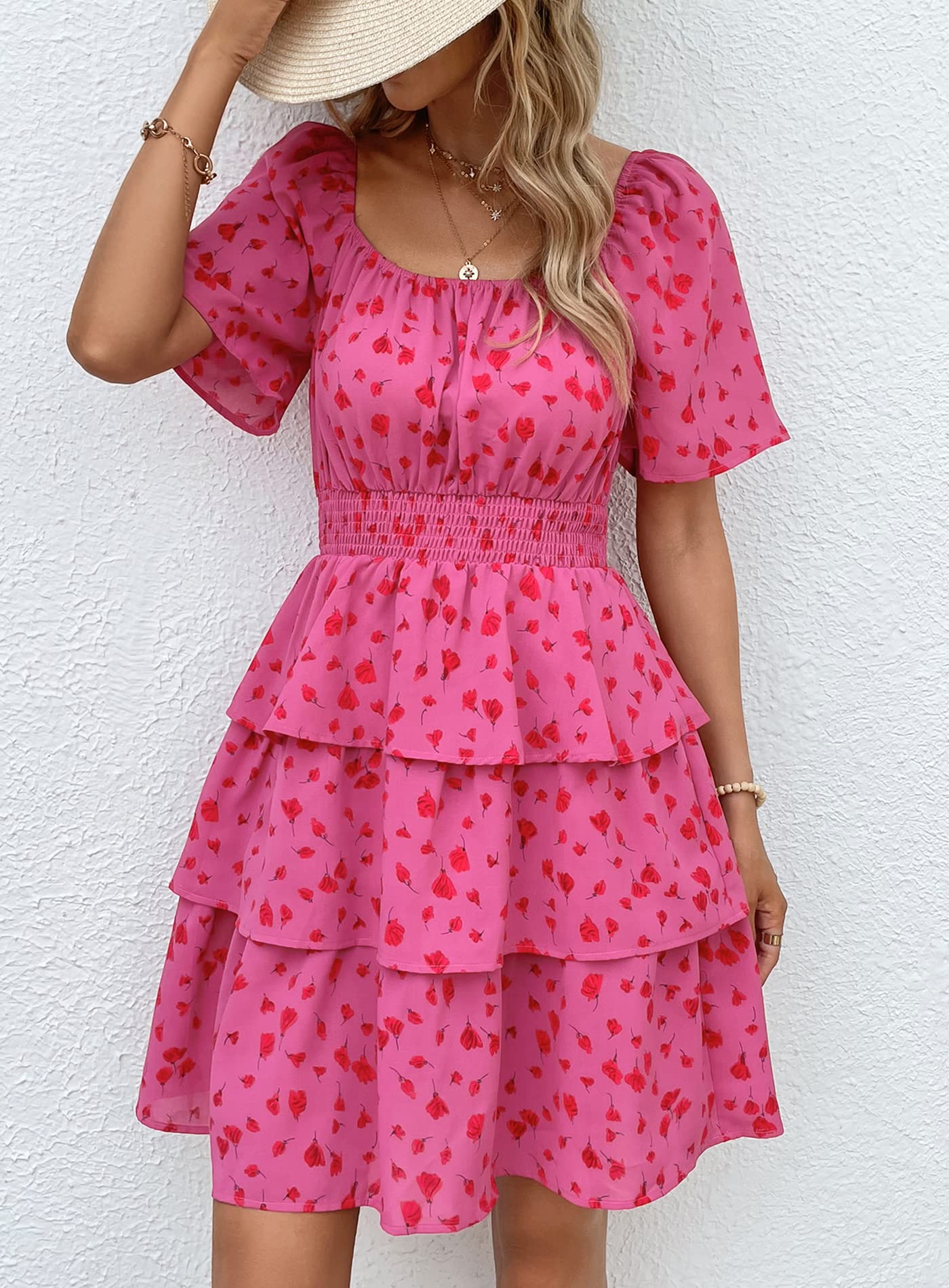 Women's Summer Floral Ruffle Short Dress Red Floral,S
