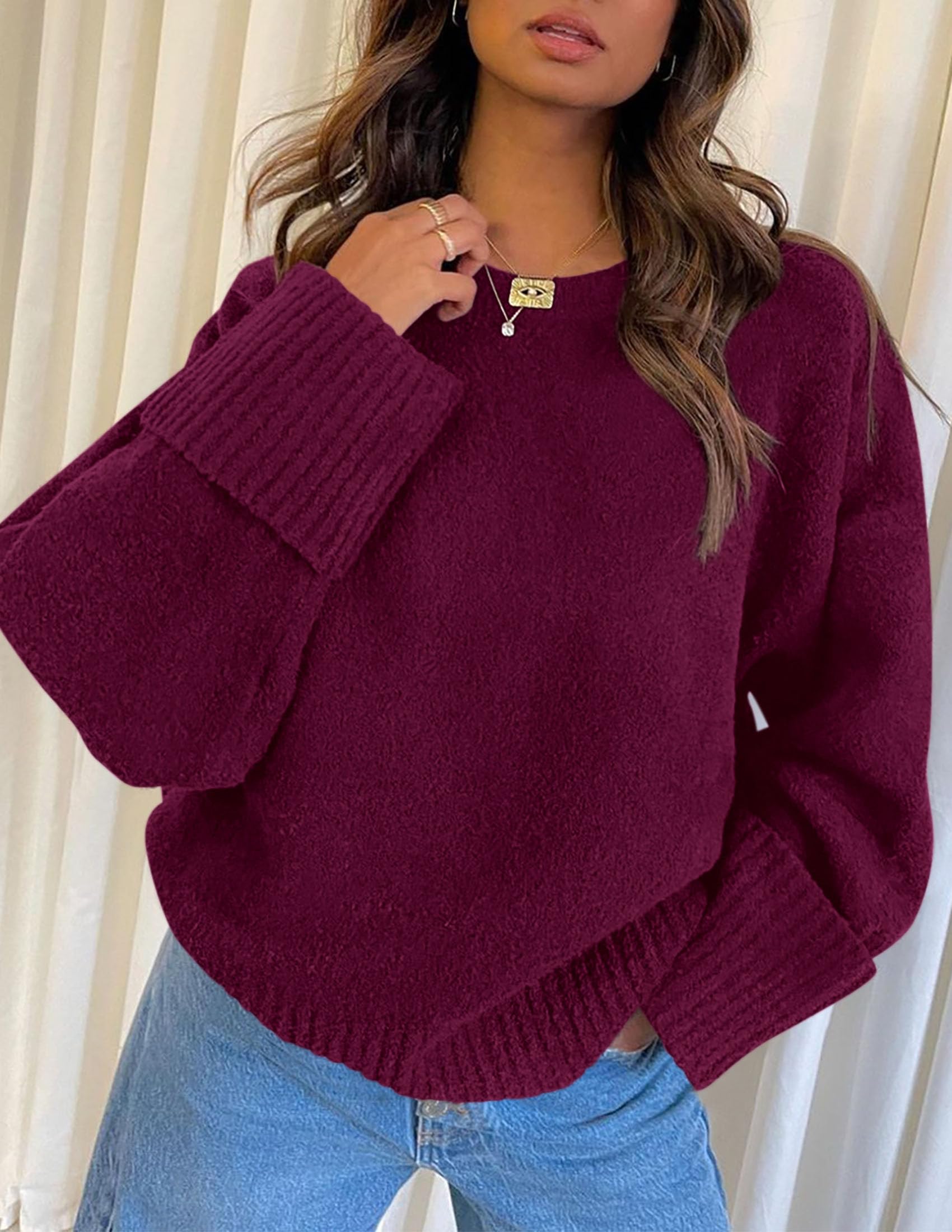 Women's Fall Fashion Cozy Oversized Sweaters(Wine Red,XS)