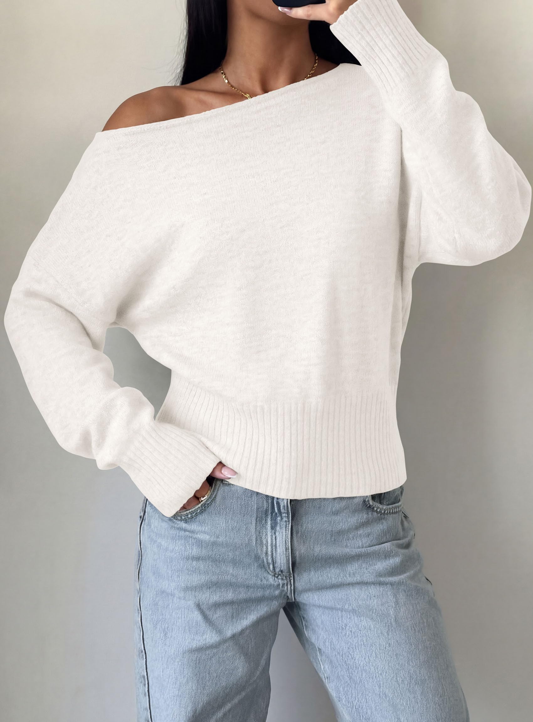 Womens Off The Shoulder Sweater Fall Fashion,White,M