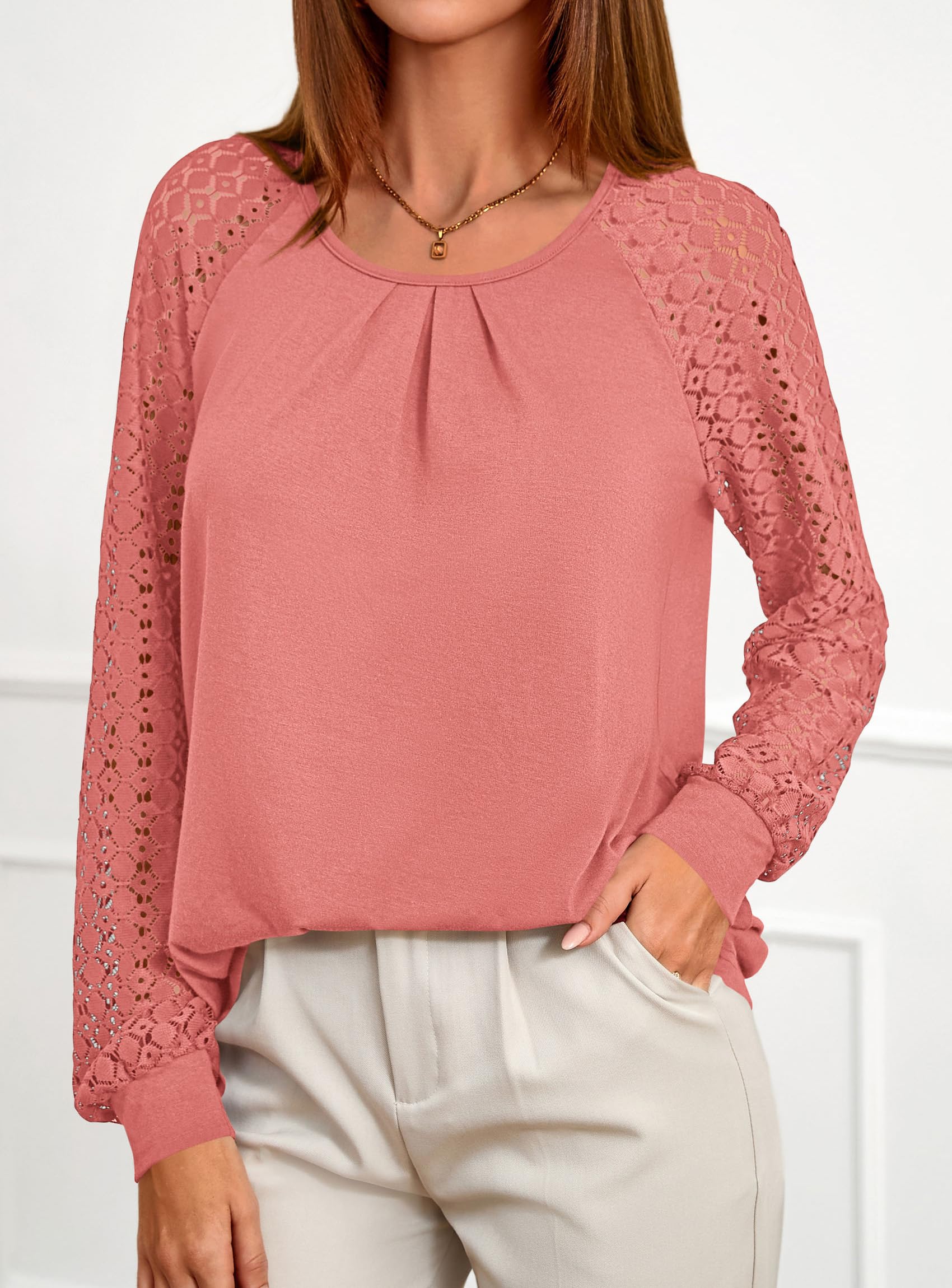 Women's Long Sleeve Shirts Fall Lace Tops,Coral Pink,S