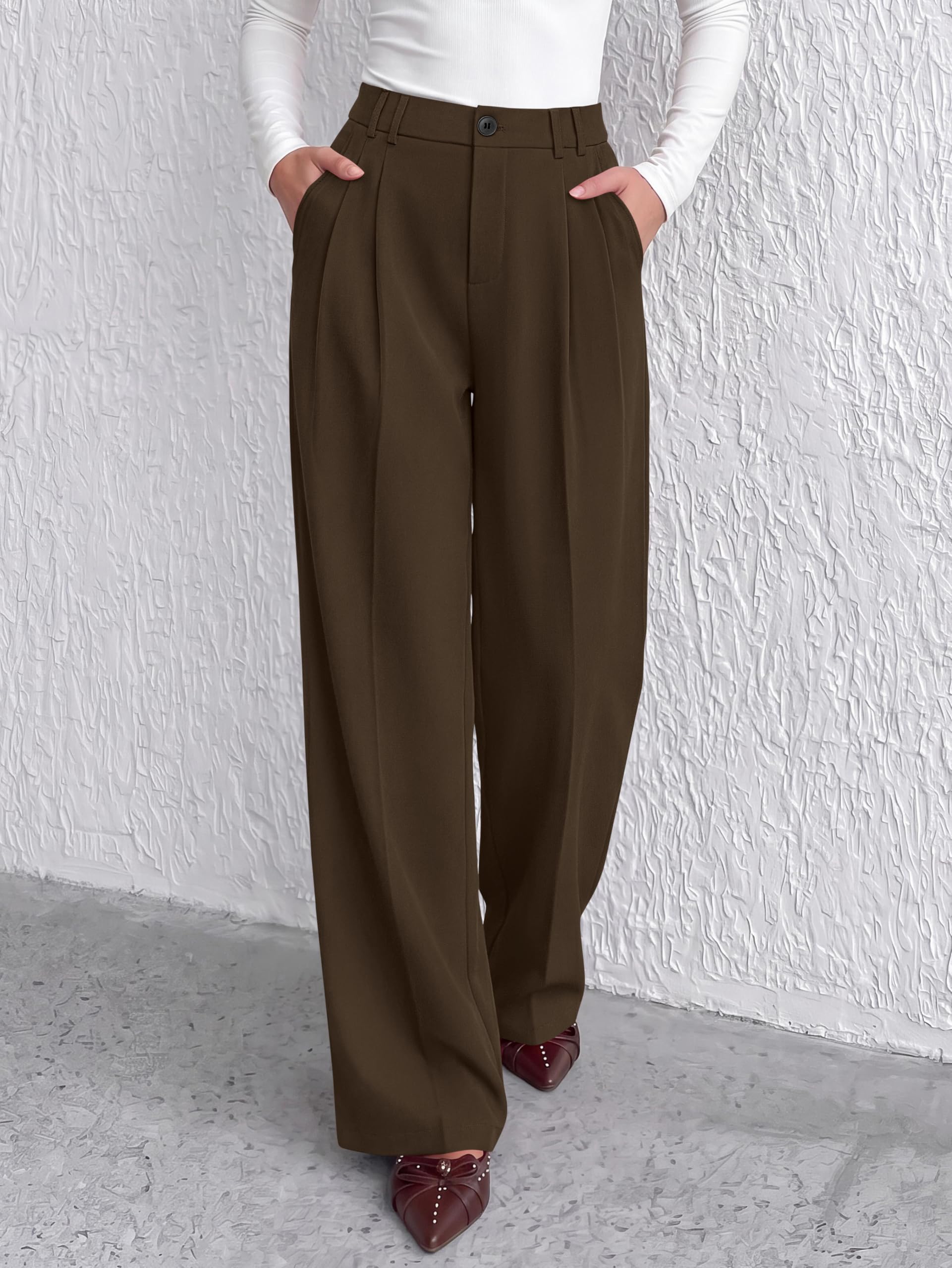 Women's Dress Pants Wide Leg Flowy Trousers,Coffee,L