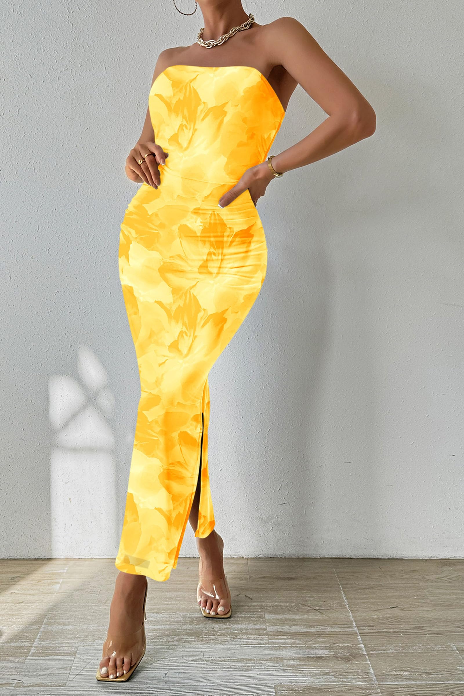 Women's Strapless Bodycon Floral Maxi Dress, Floral Yellow,S