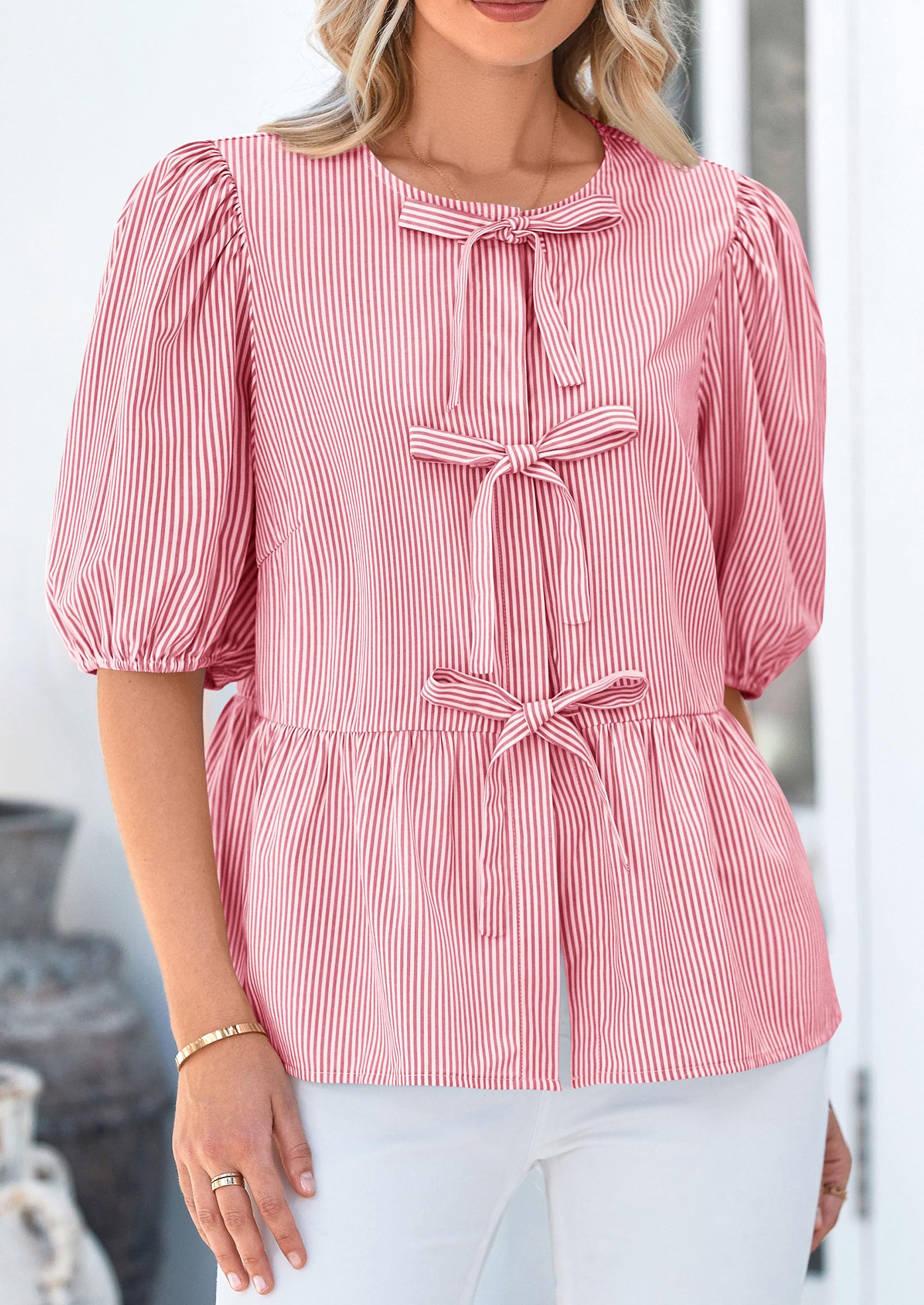 Women Striped Tie Front Babydoll Peplum Tops, Red,S