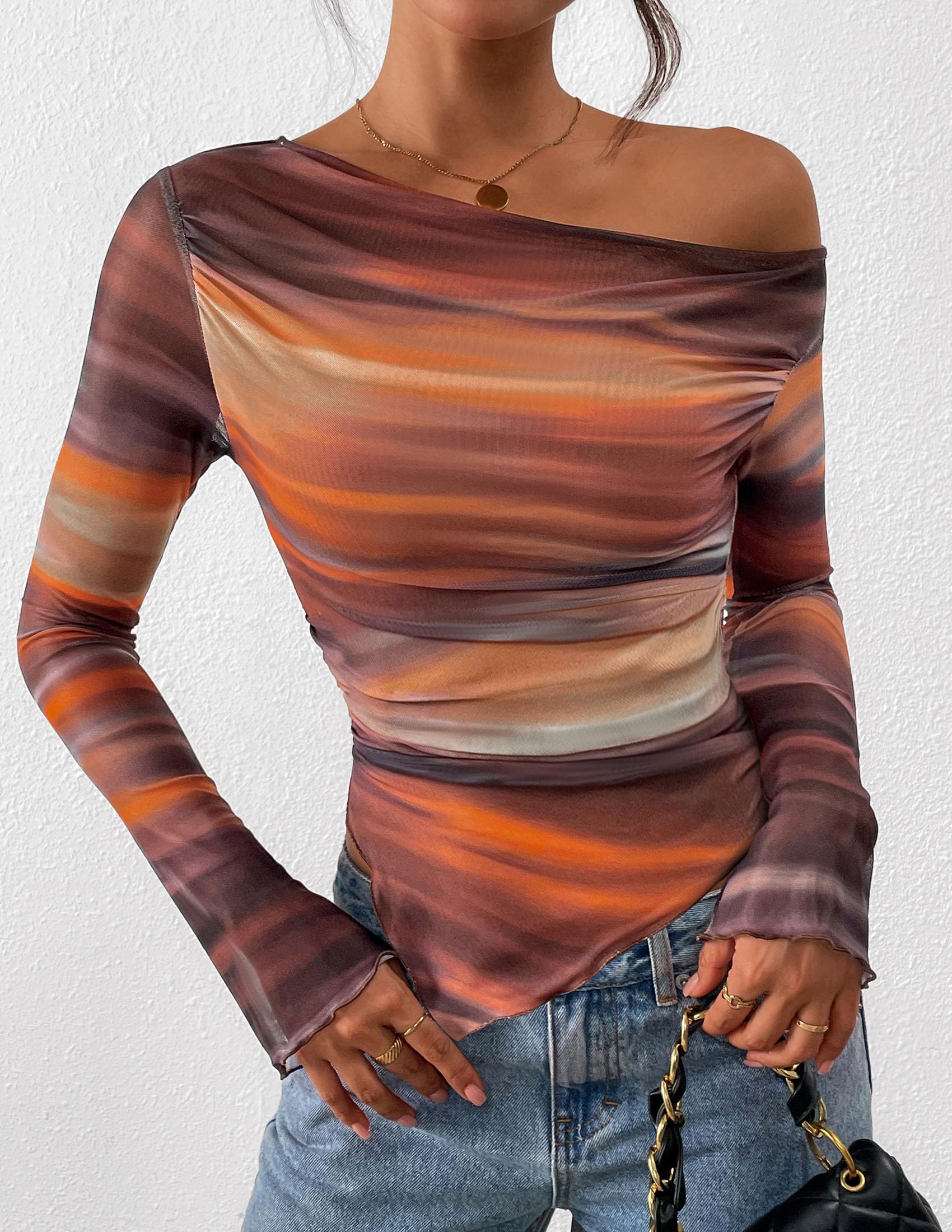Womens Off Shoulder Mesh Y2k Tops,Floral Brown,M