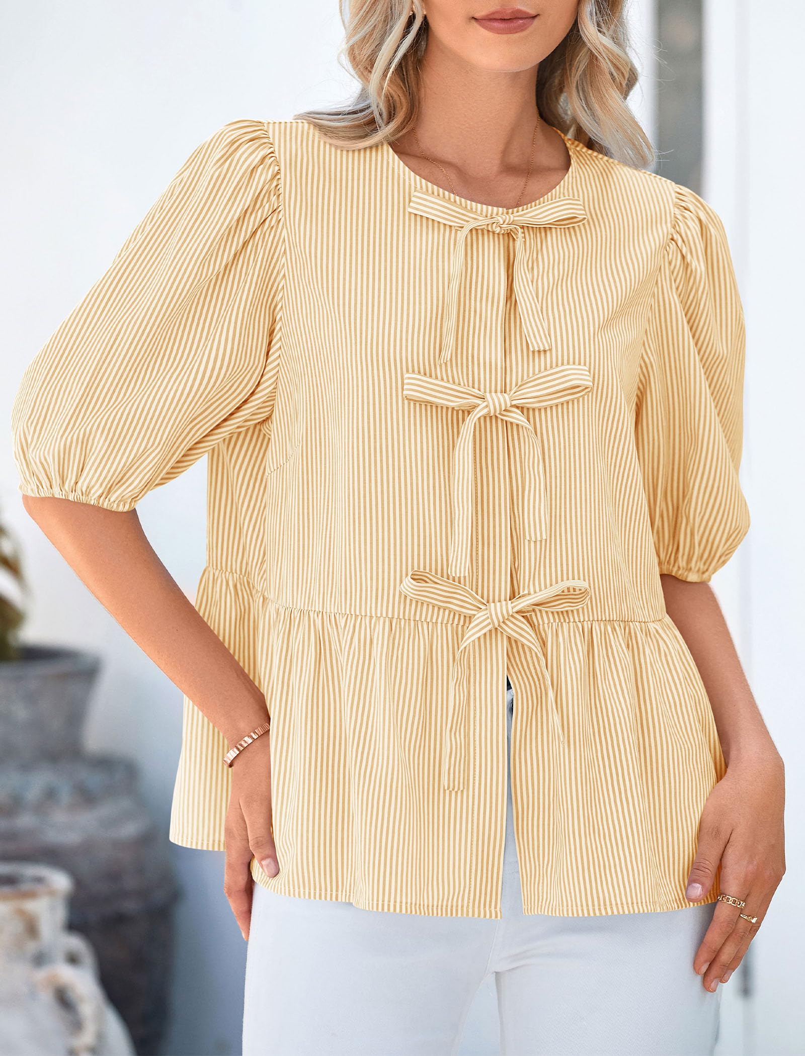 Women Striped Tie Front Babydoll Peplum Tops, Yellow,M