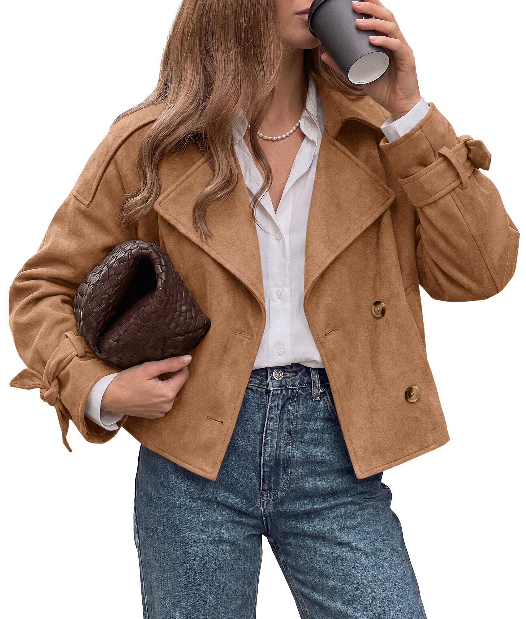 Women Faux Suede Double Breasted Trench Coat Cropped Jackets