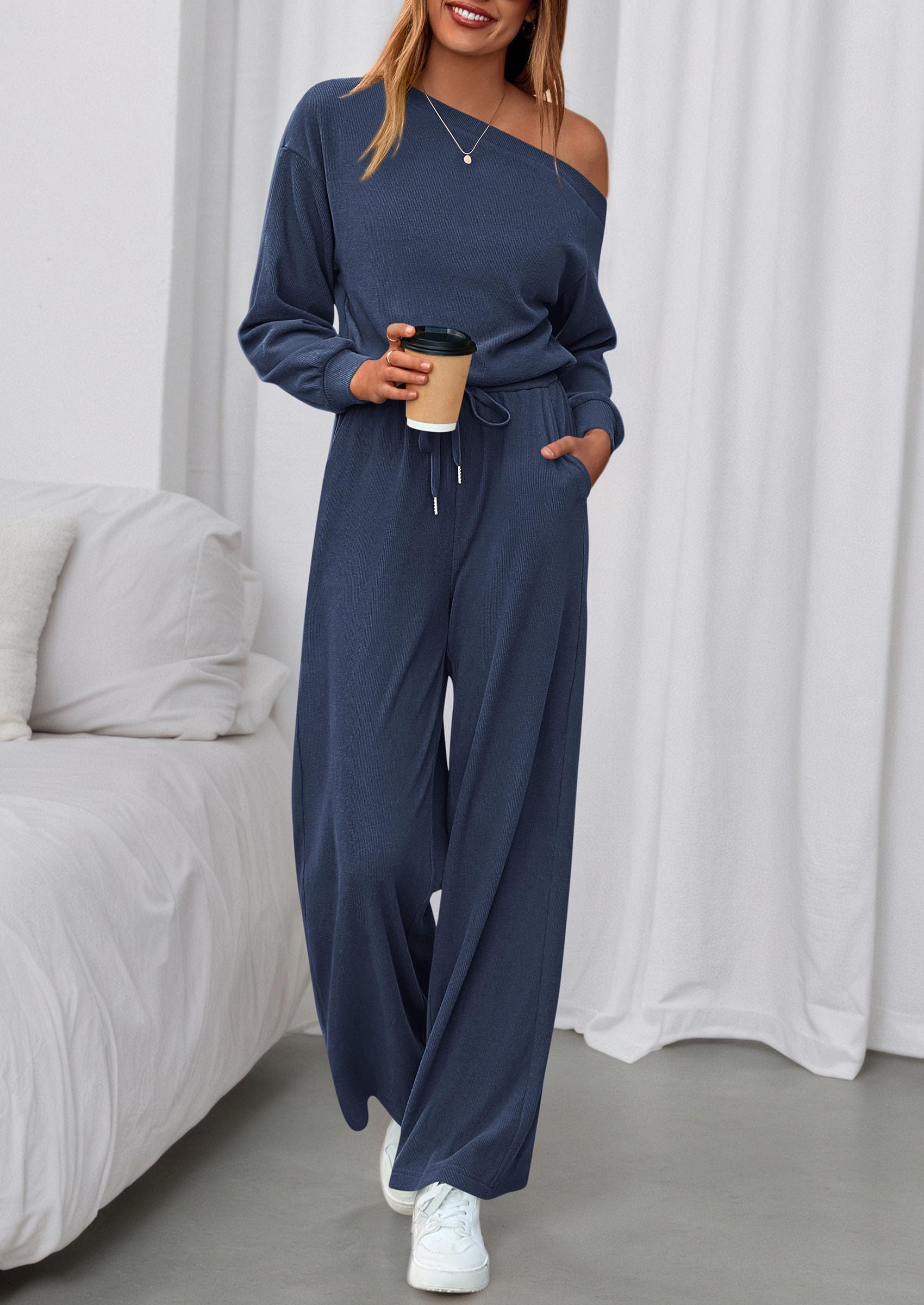 Womens Off Shoulder Long Sleeve Jumpsuit,Navy,M